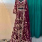 Wine Embroidered Lehenga Set with Dupatta