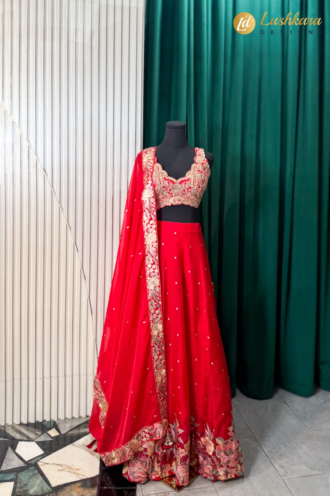 Red Embroidered Lehenga Set with Floral Border