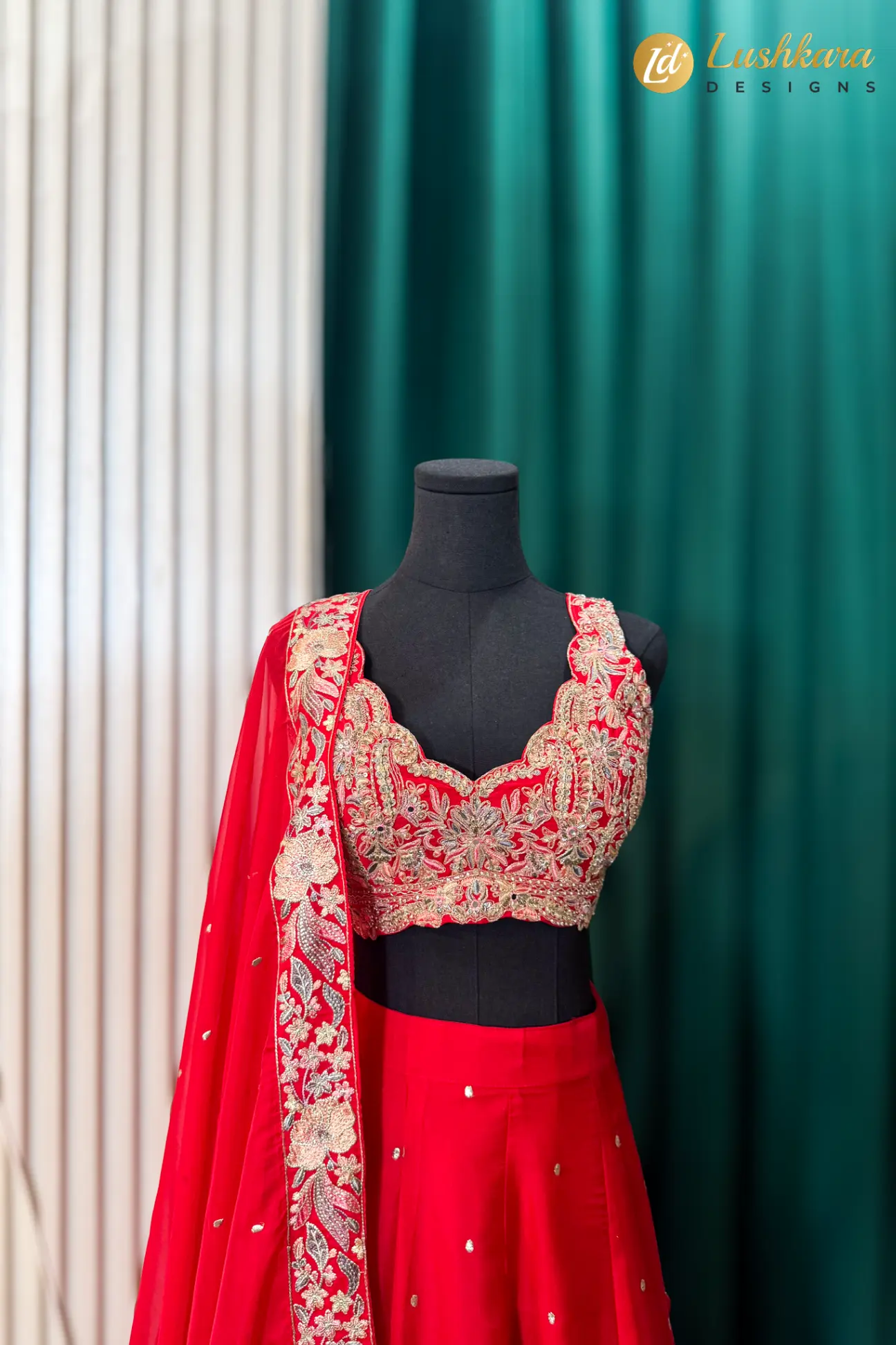 Red Embroidered Lehenga Set with Floral Border - Image 2