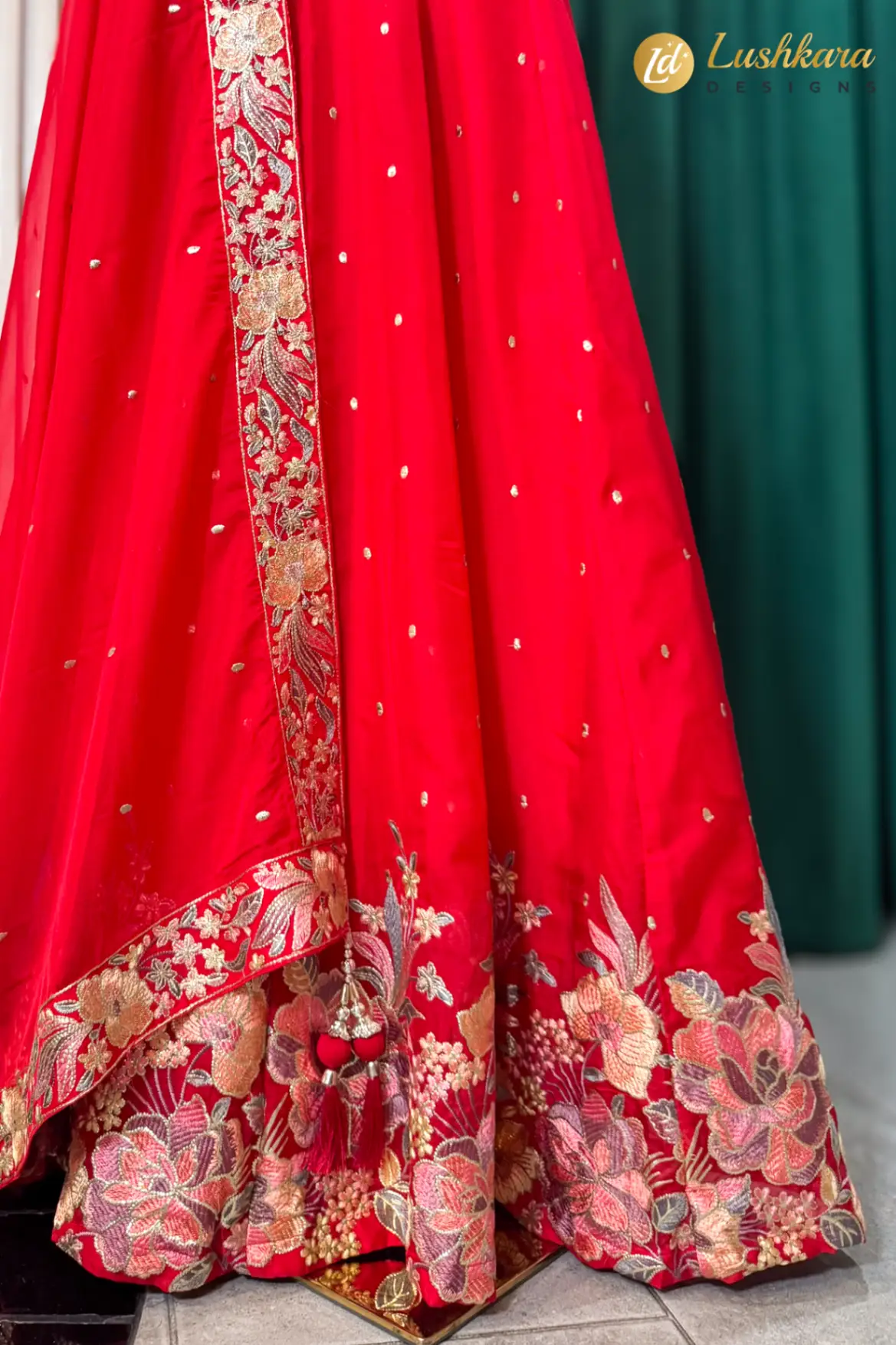 Red Embroidered Lehenga Set with Floral Border - Image 3