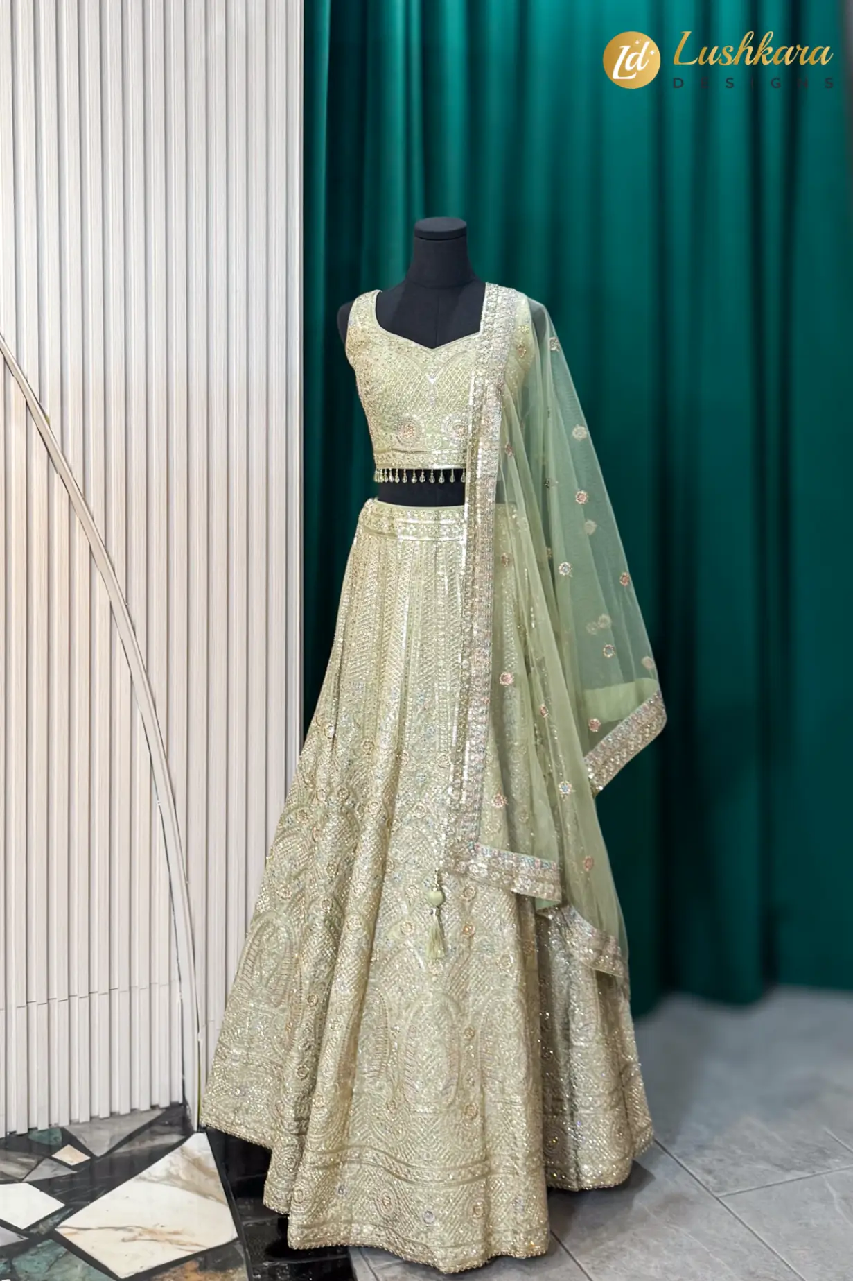 Sage Green Embroidered Bridal Lehenga Set with Dupatta