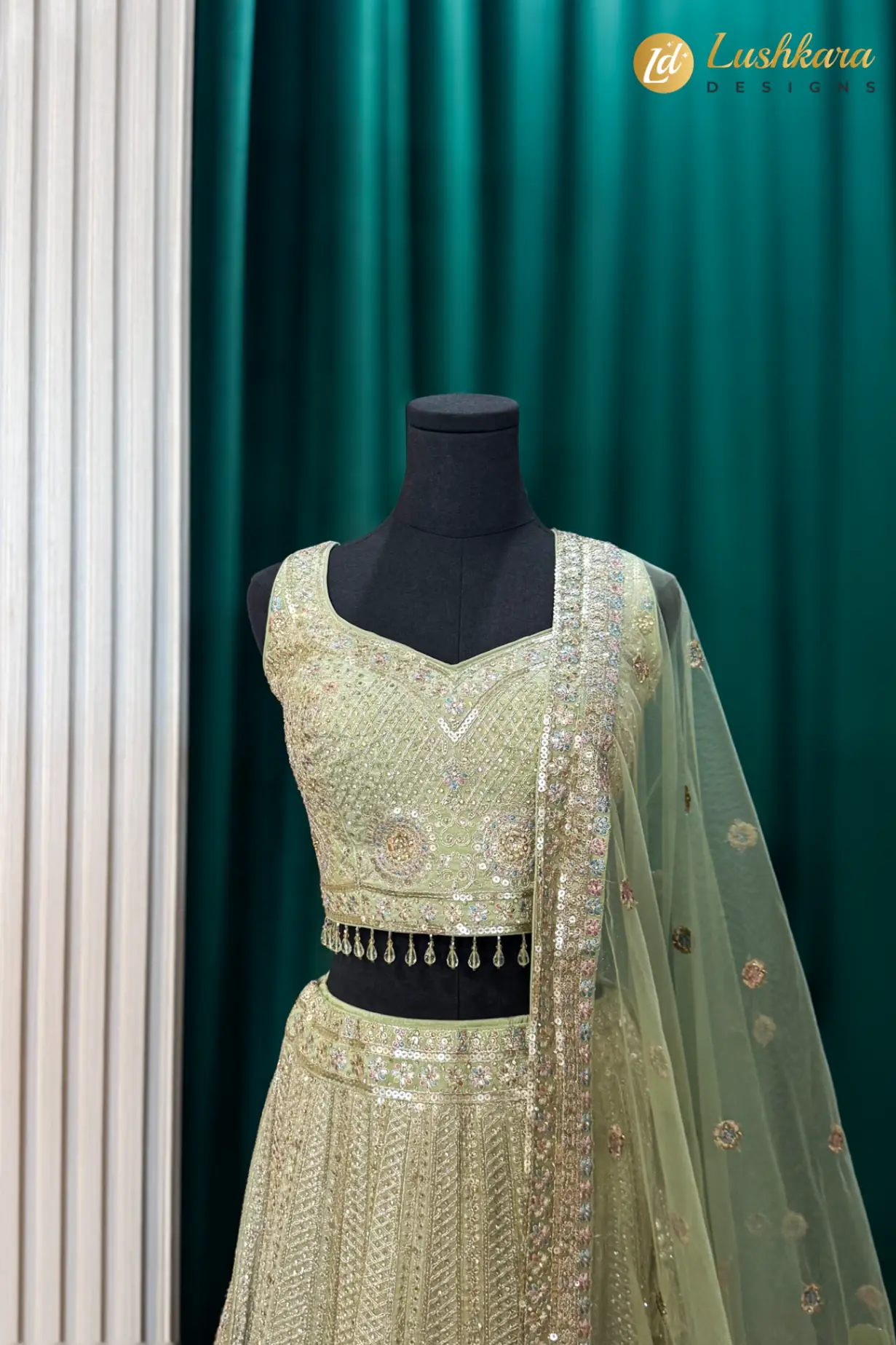 Sage Green Embroidered Bridal Lehenga Set with Dupatta - Image 2