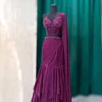 Plum Purple Embellished Lehenga Set with Drape Dupatta