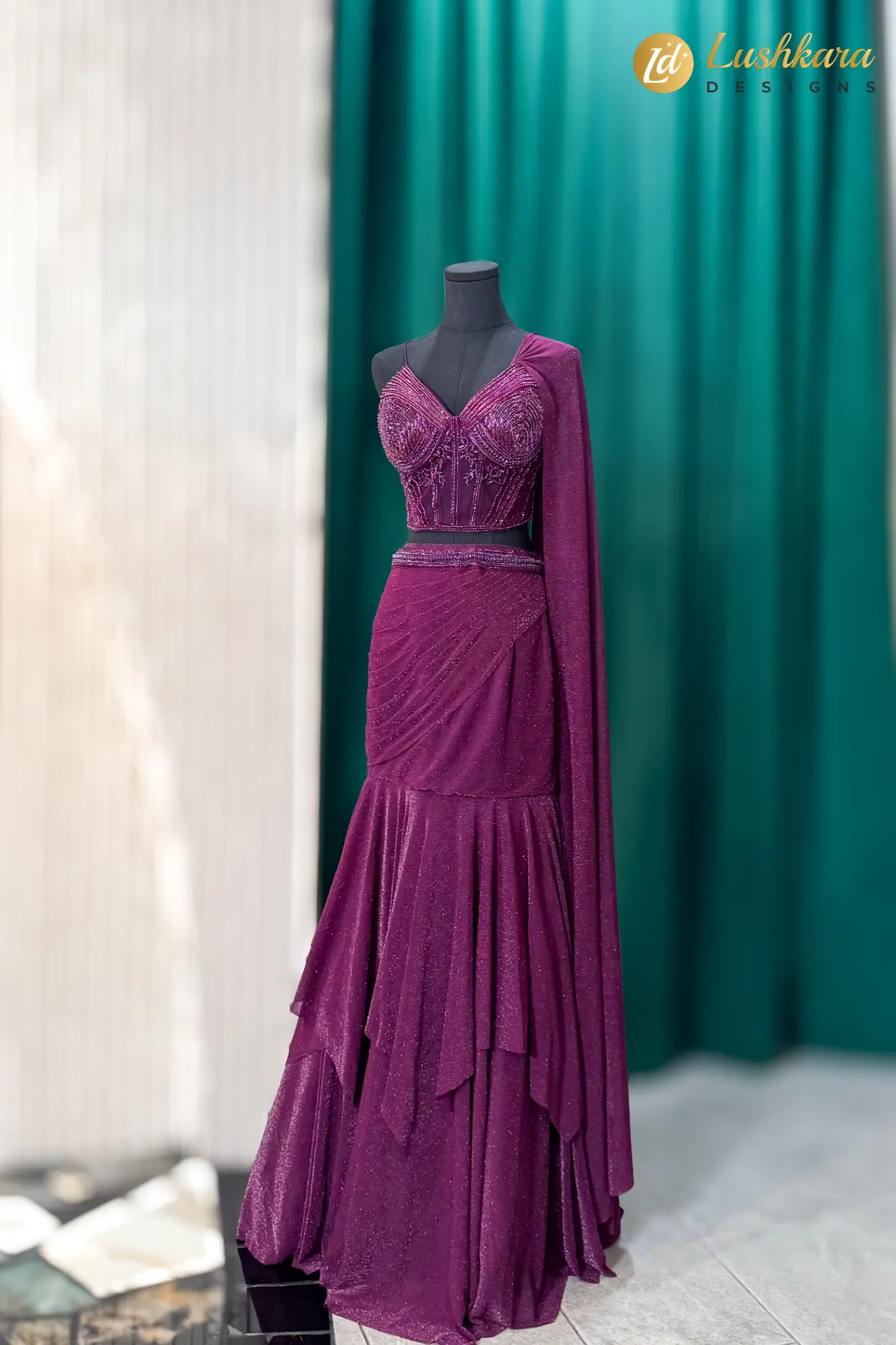 Plum Purple Embellished Lehenga Set with Drape Dupatta