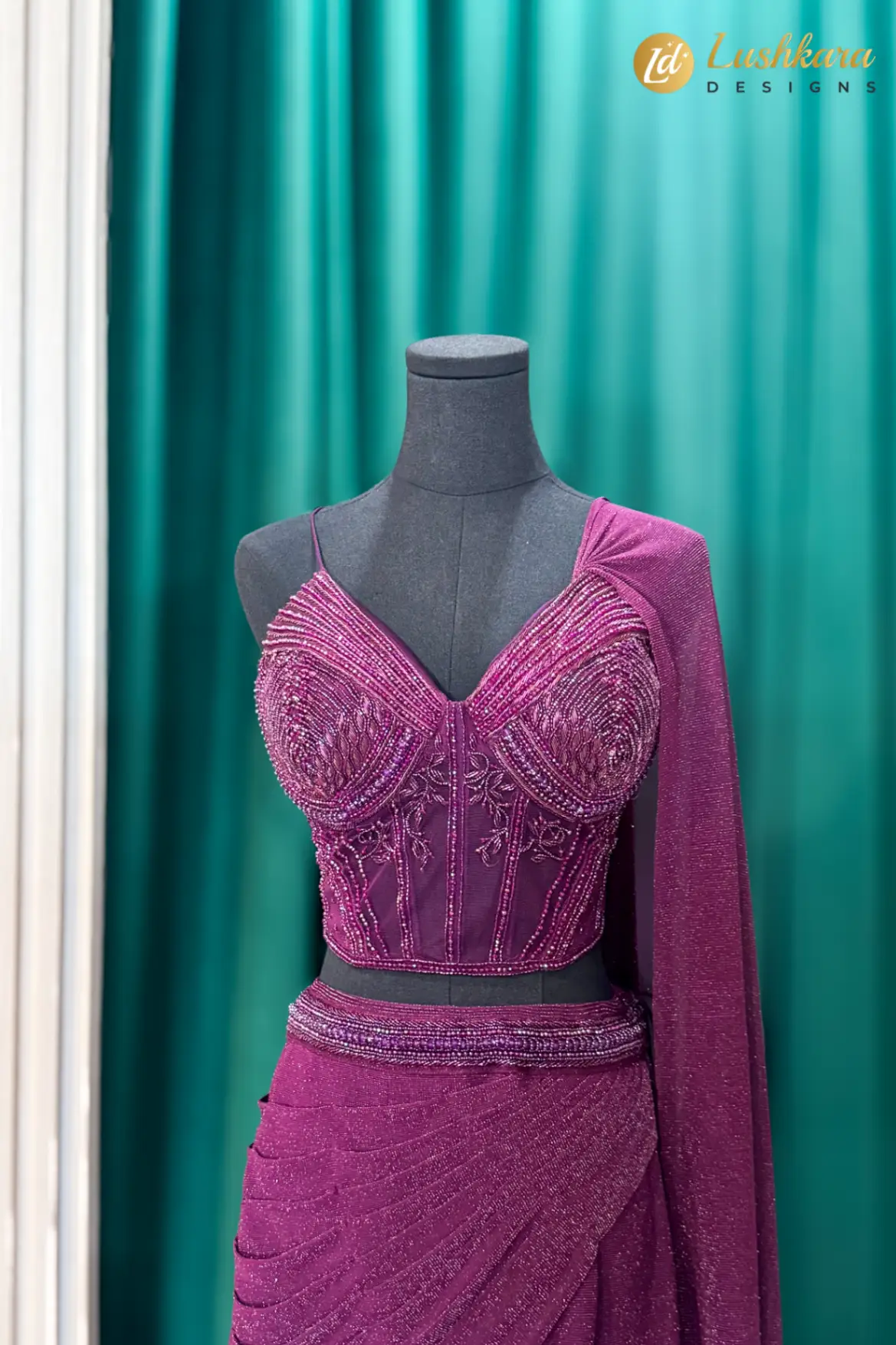 Plum Purple Embellished Lehenga Set with Drape Dupatta - Image 2