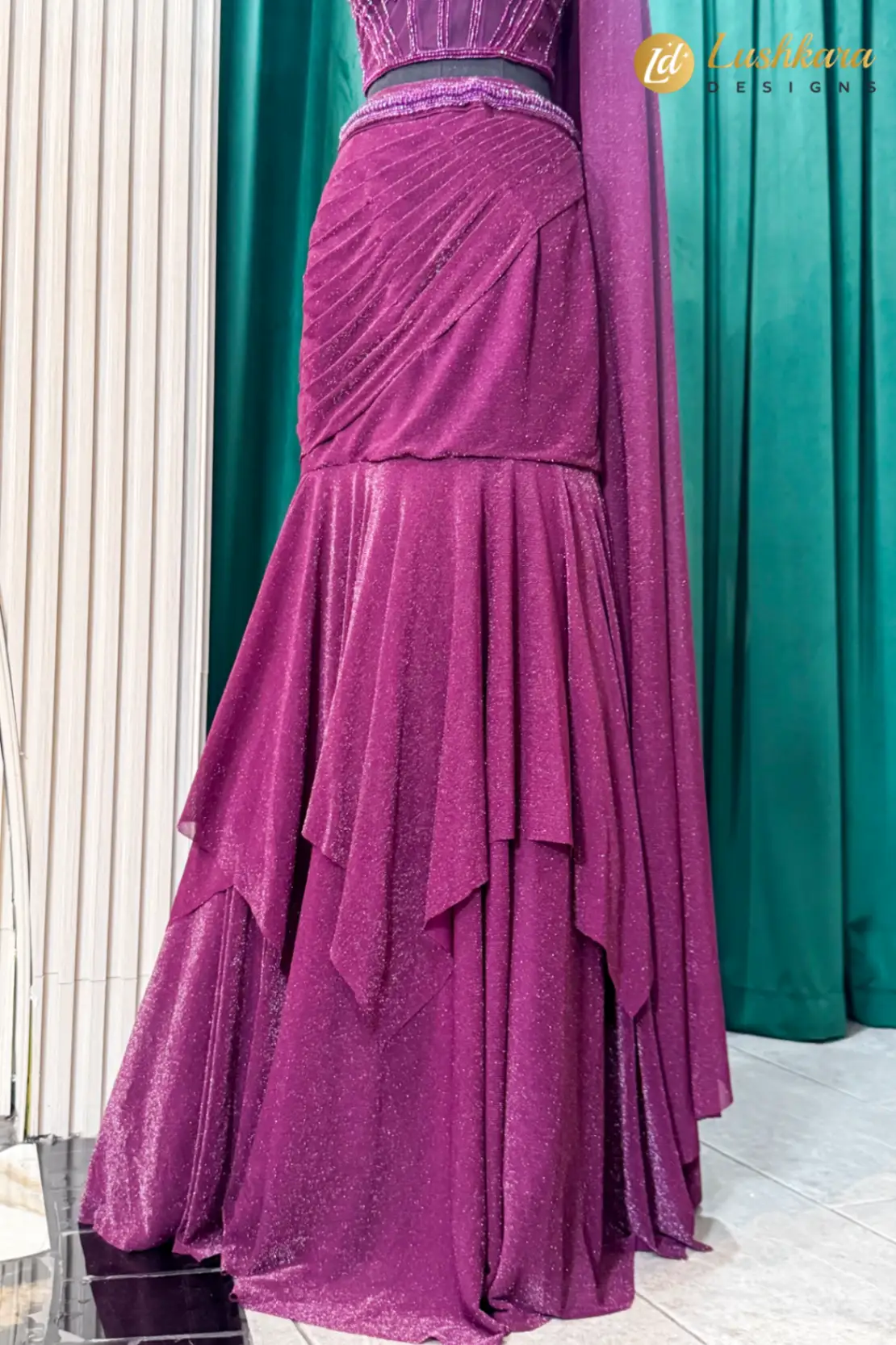 Plum Purple Embellished Lehenga Set with Drape Dupatta - Image 3