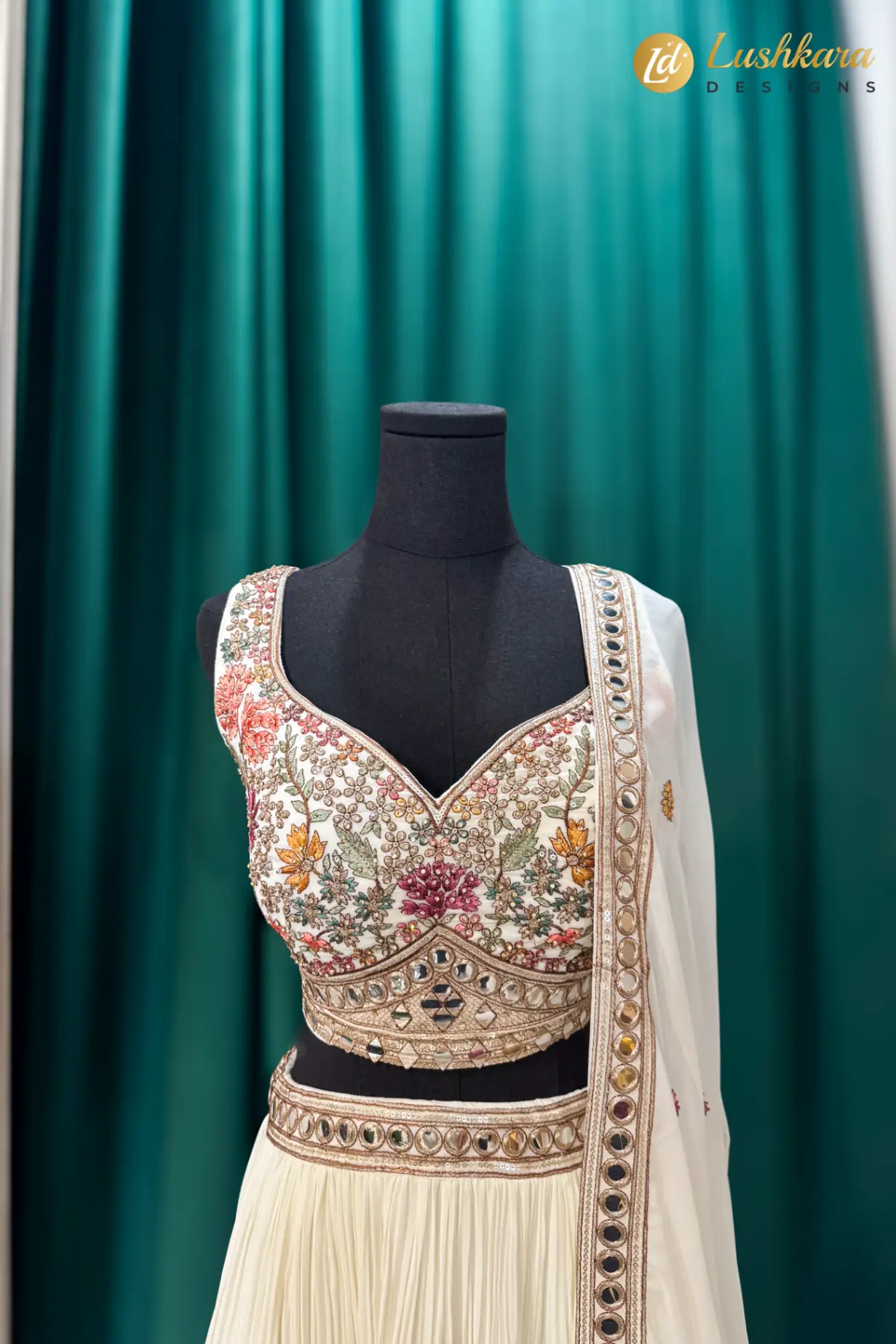 Lushkara Ivory Floral Embroidered Lehenga Set with Dupatta - Image 2