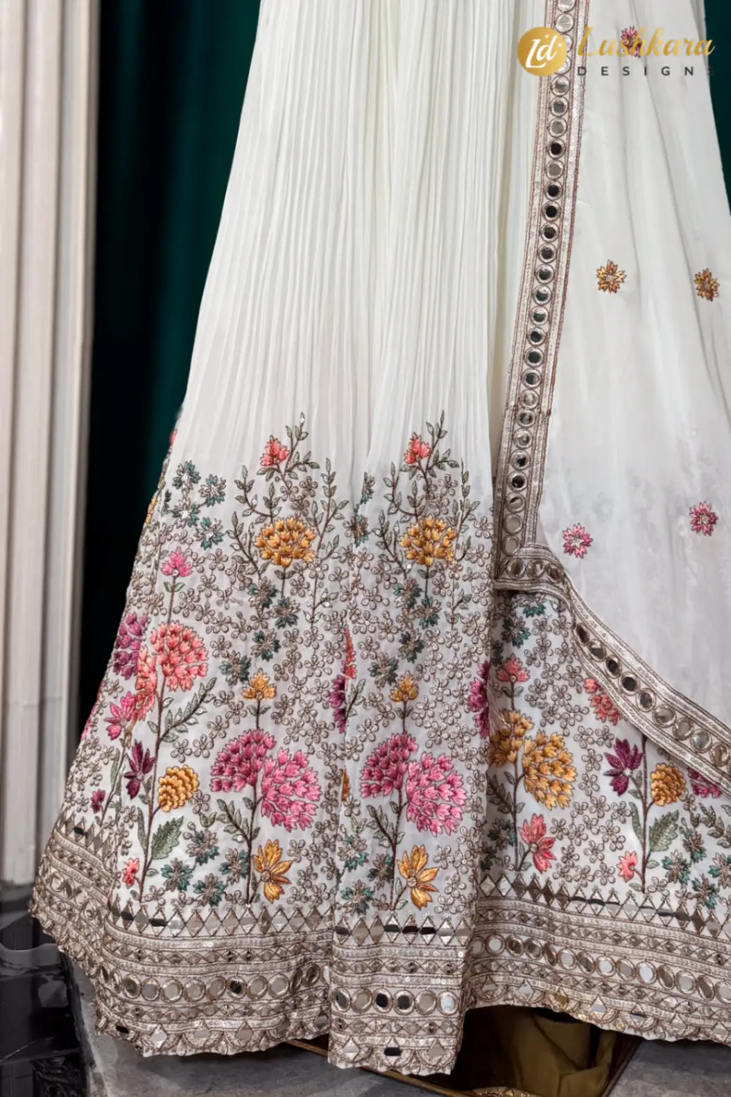 Lushkara Ivory Floral Embroidered Lehenga Set with Dupatta - Image 3