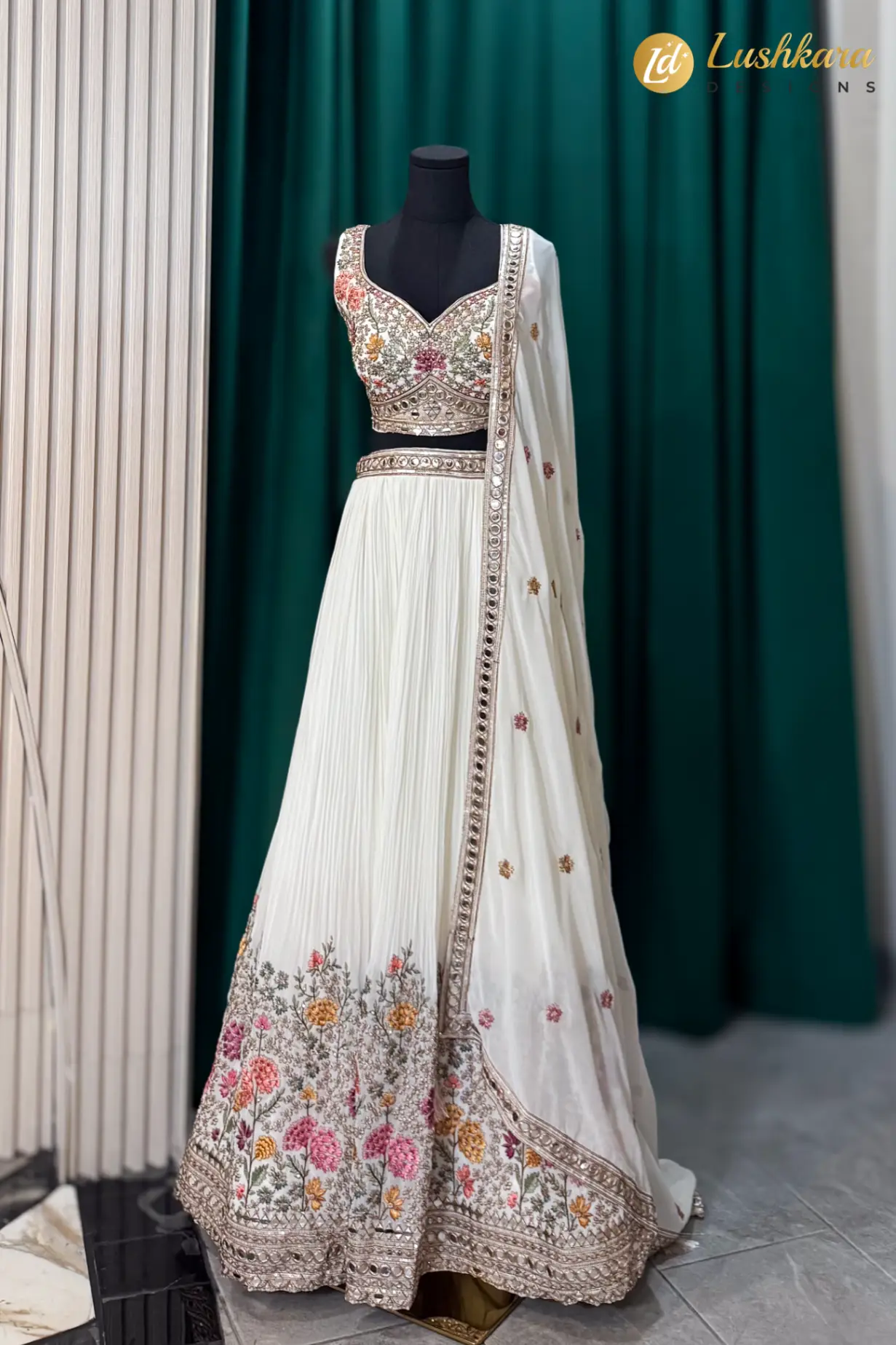 Lushkara Ivory Floral Embroidered Lehenga Set with Dupatta