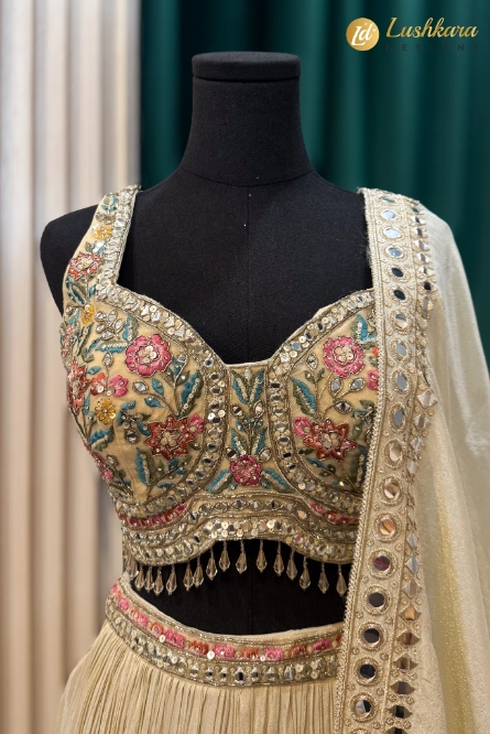 Ivory Floral Embroidered Lehenga Set with Designer Blouse