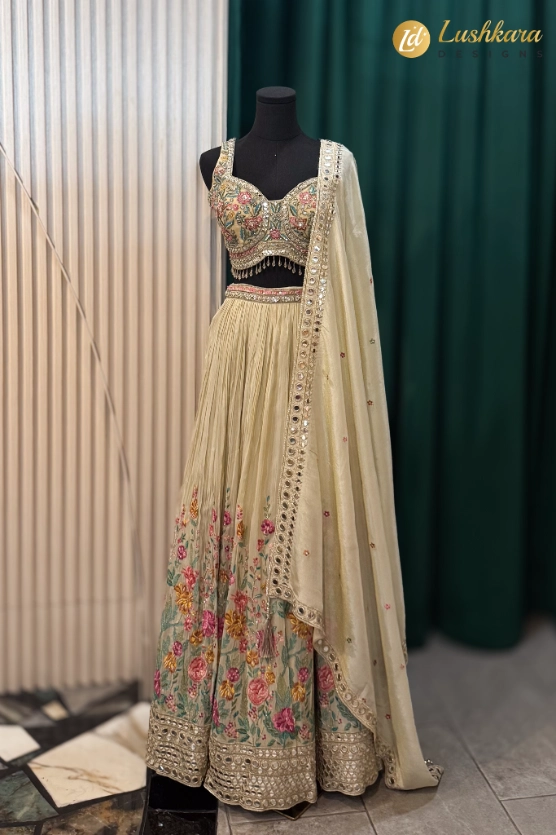 Ivory Floral Embroidered Lehenga Set with Designer Blouse