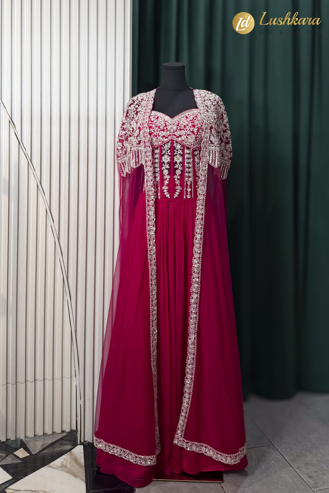 Rani Pink Embroidered Lehenga Set with Embellished Cape