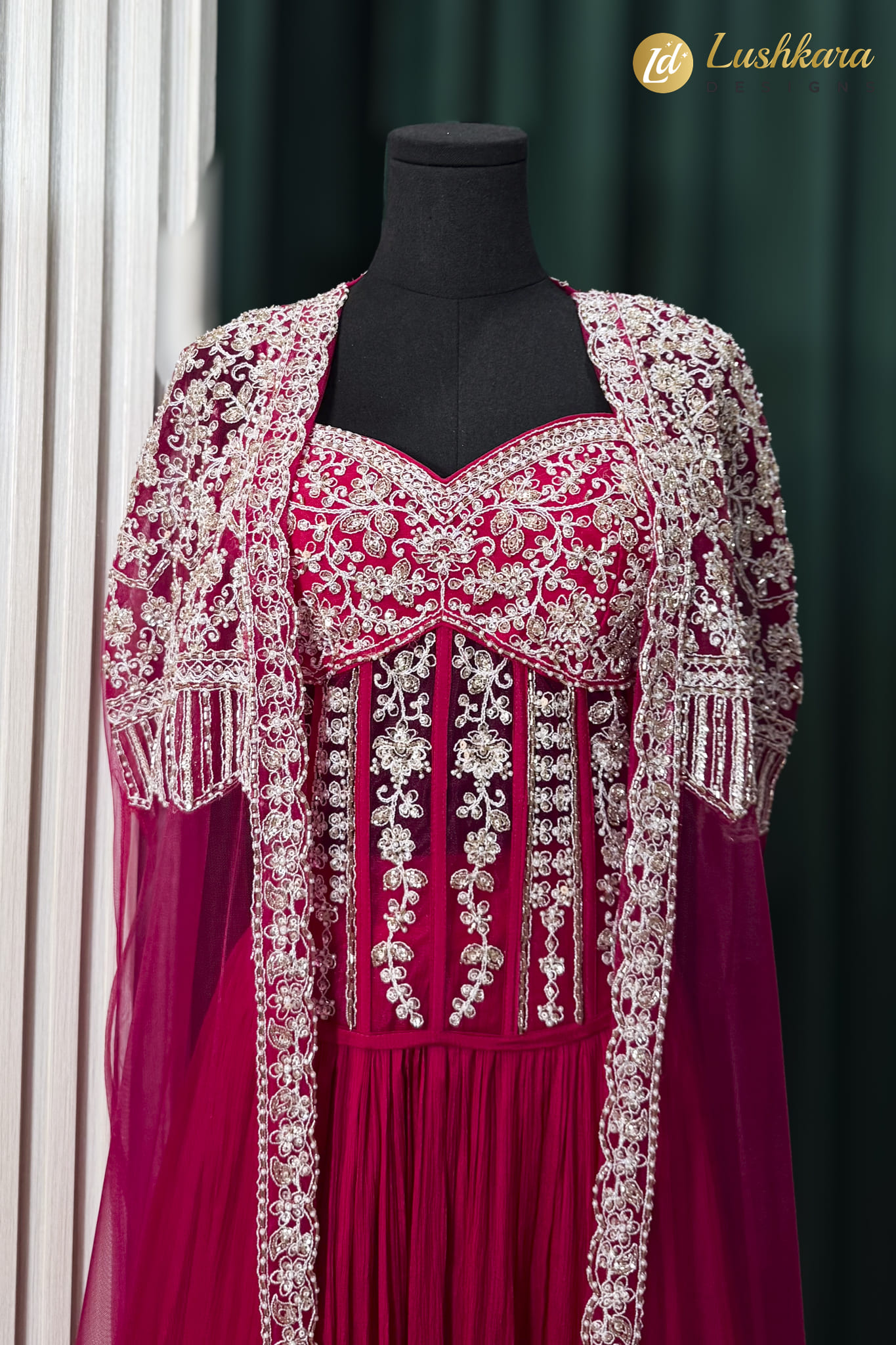 Rani Pink Embroidered Lehenga Set with Embellished Cape - Image 3