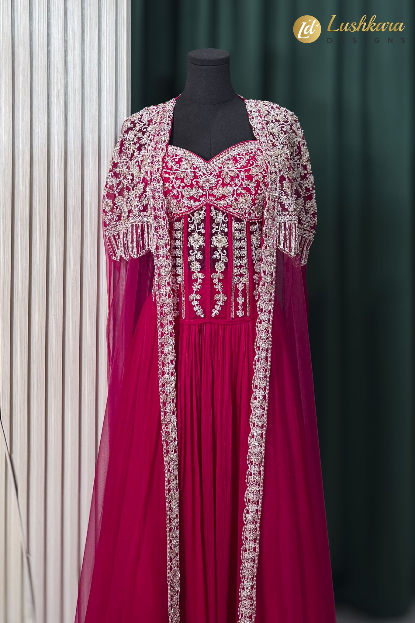 Rani Pink Embroidered Lehenga Set with Embellished Cape - Image 2