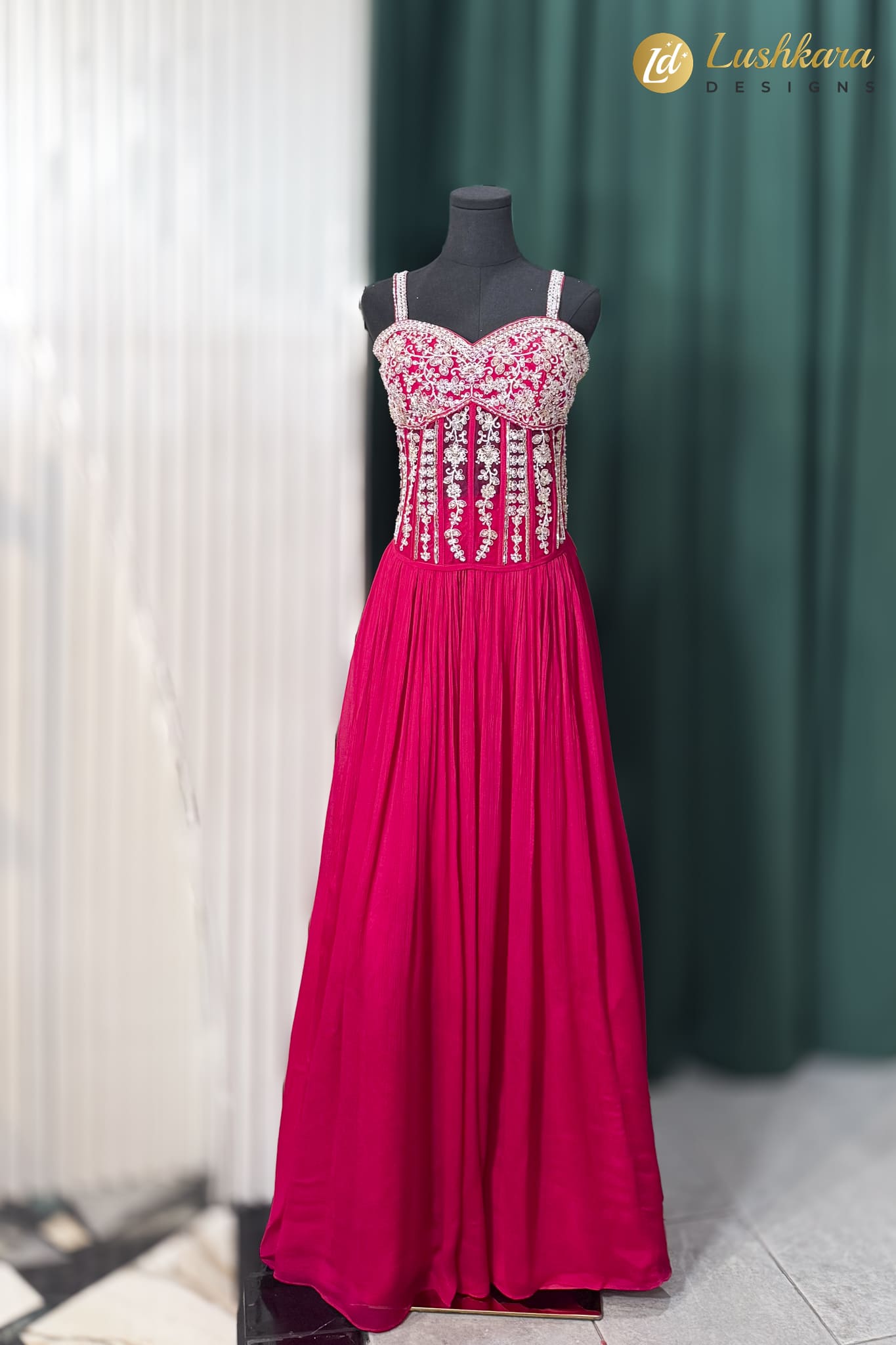 Rani Pink Embroidered Lehenga Set with Embellished Cape - Image 5