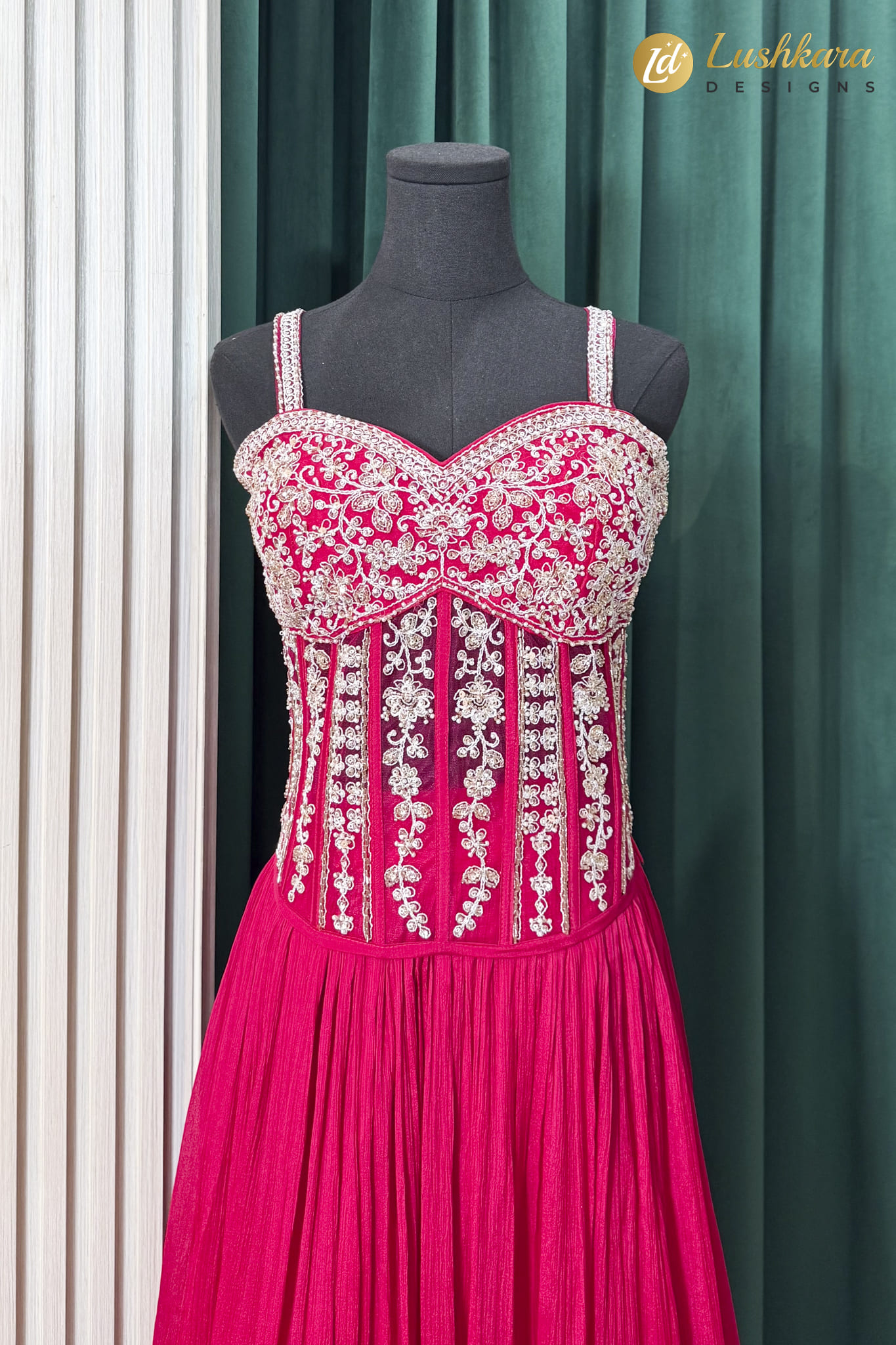 Rani Pink Embroidered Lehenga Set with Embellished Cape - Image 4