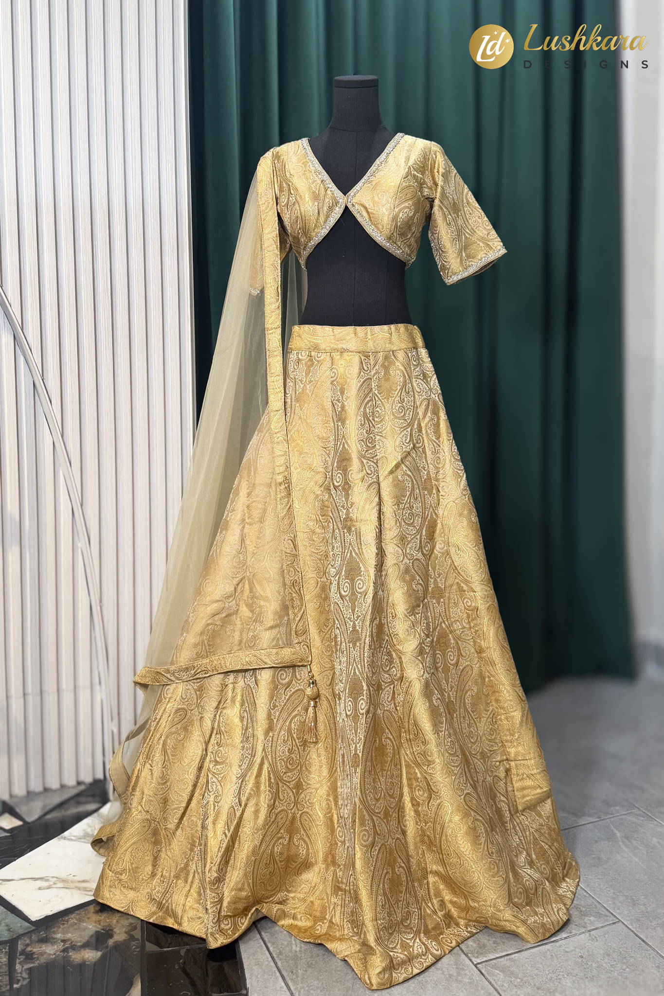 Gold Paisley Brocade Lehenga Set