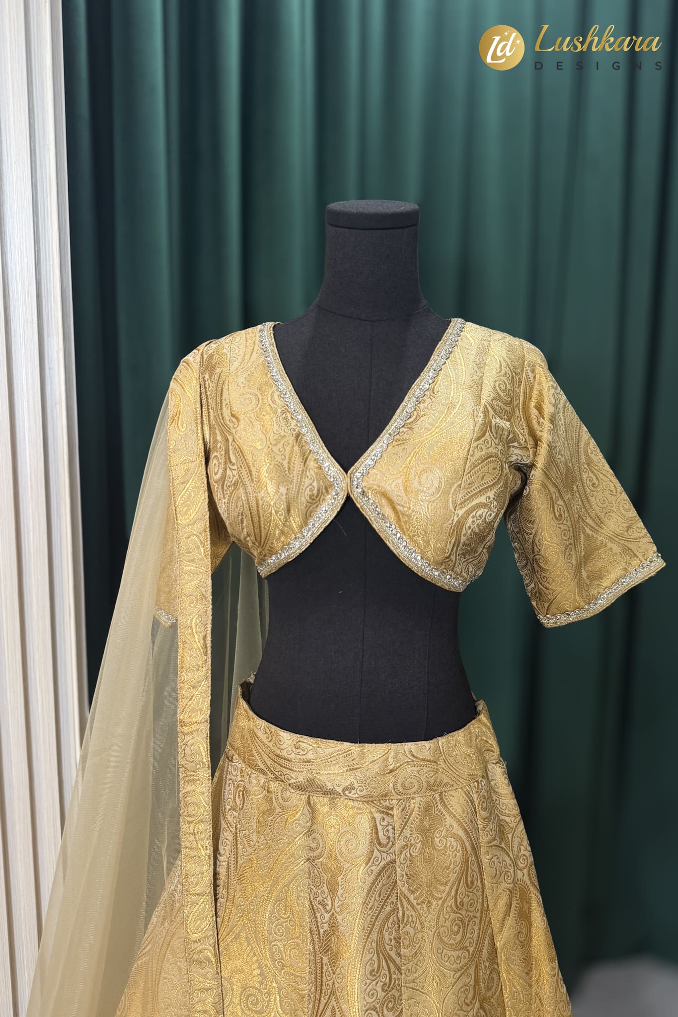 Gold Paisley Brocade Lehenga Set - Image 2