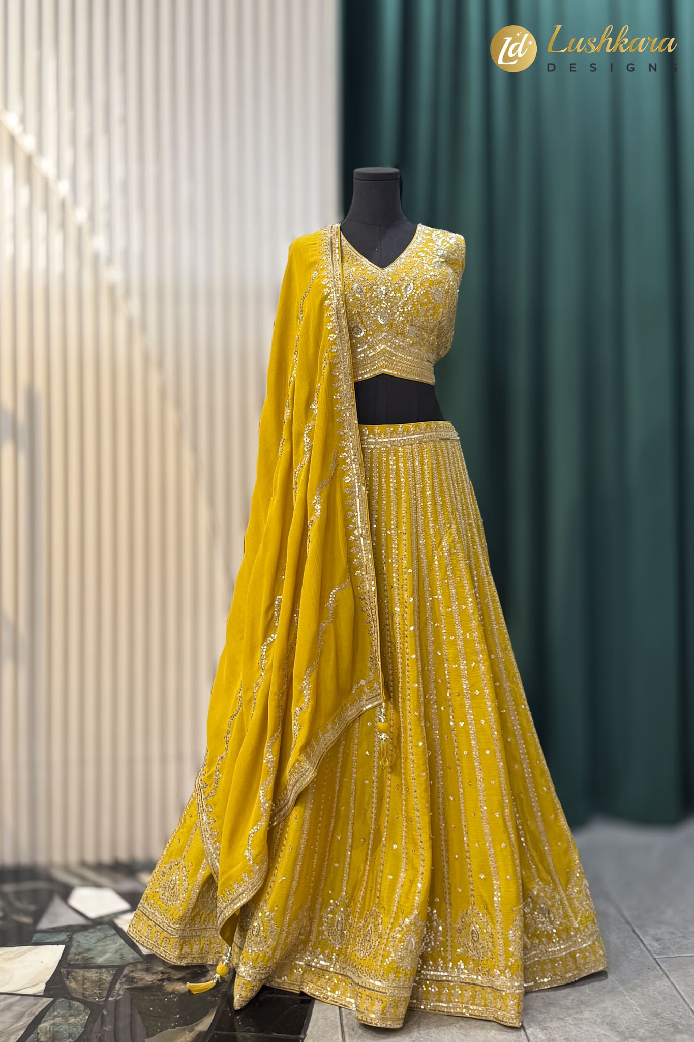 Mustard Yellow Heavy Embroidered Lehenga Set