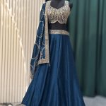 Deep Teal Blue Embroidered Lehenga Set with Gold Blouse and Dupatta