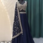 Navy Blue Embroidered Lehenga Set with Blouse and Dupatta