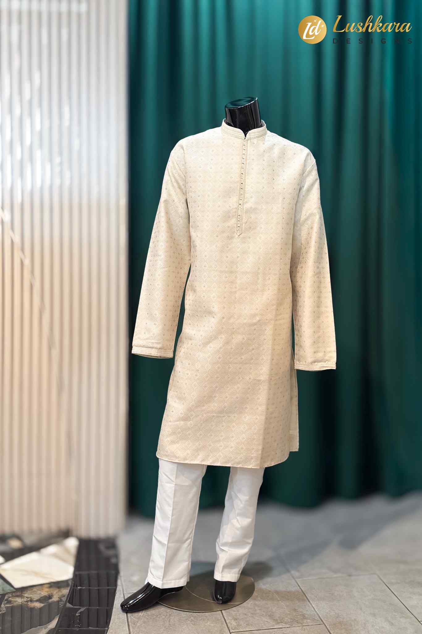 Ivory Cream Jacquard Kurta Pajama Set for Men