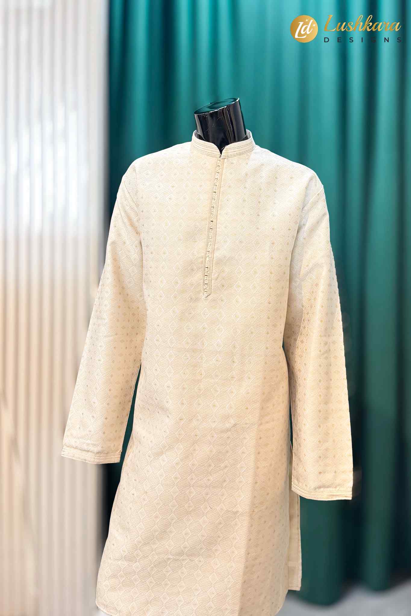 Ivory Cream Jacquard Kurta Pajama Set for Men