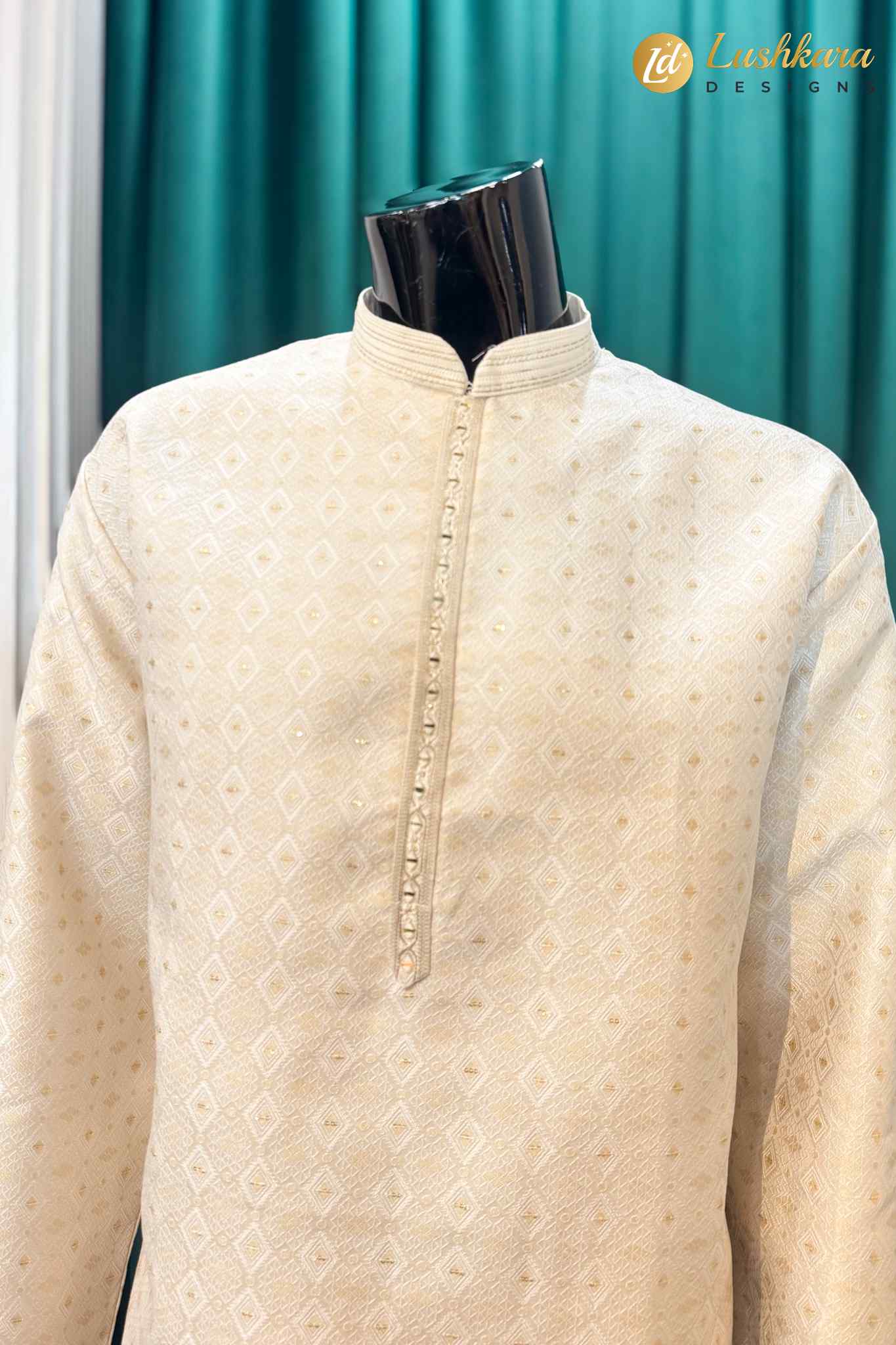 Ivory Cream Jacquard Kurta Pajama Set for Men