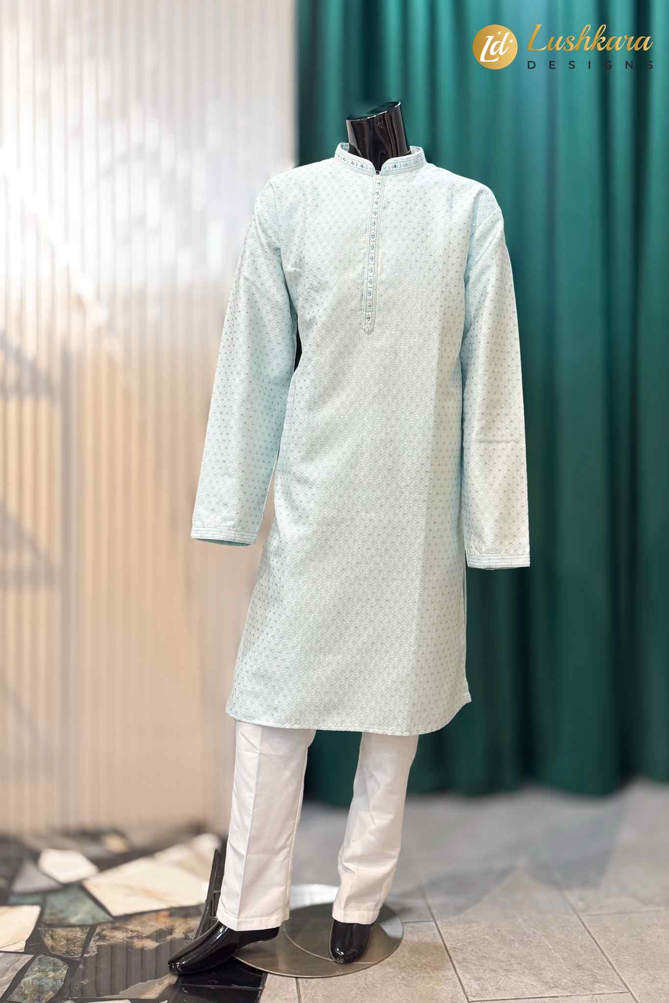 Light Mint Blue Jacquard Kurta Pajama Set for Men