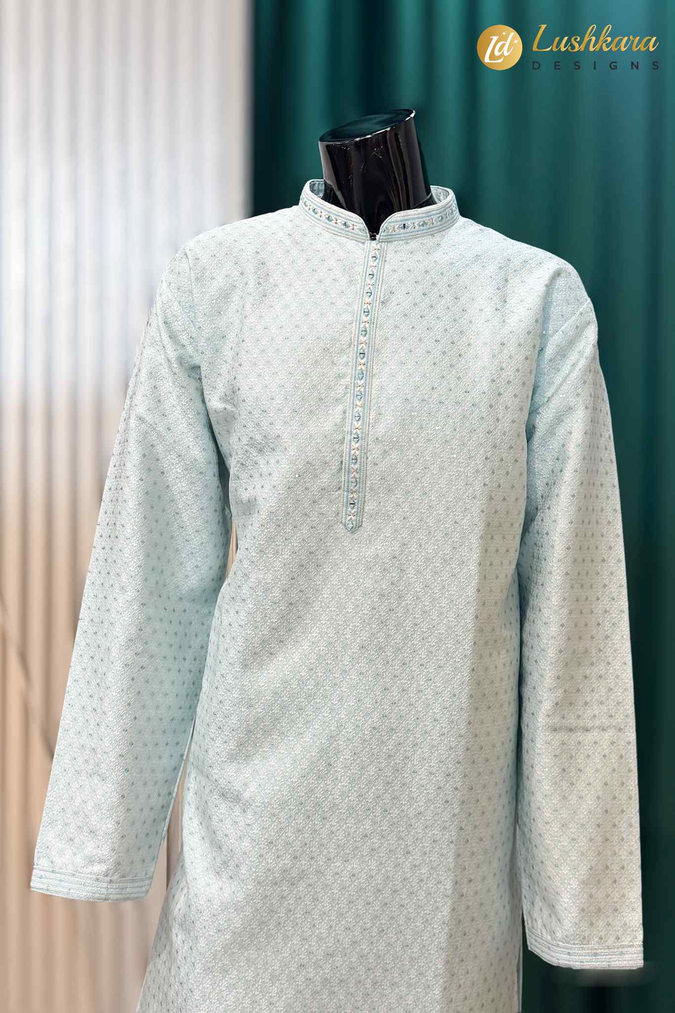 Light Mint Blue Jacquard Kurta Pajama Set for Men