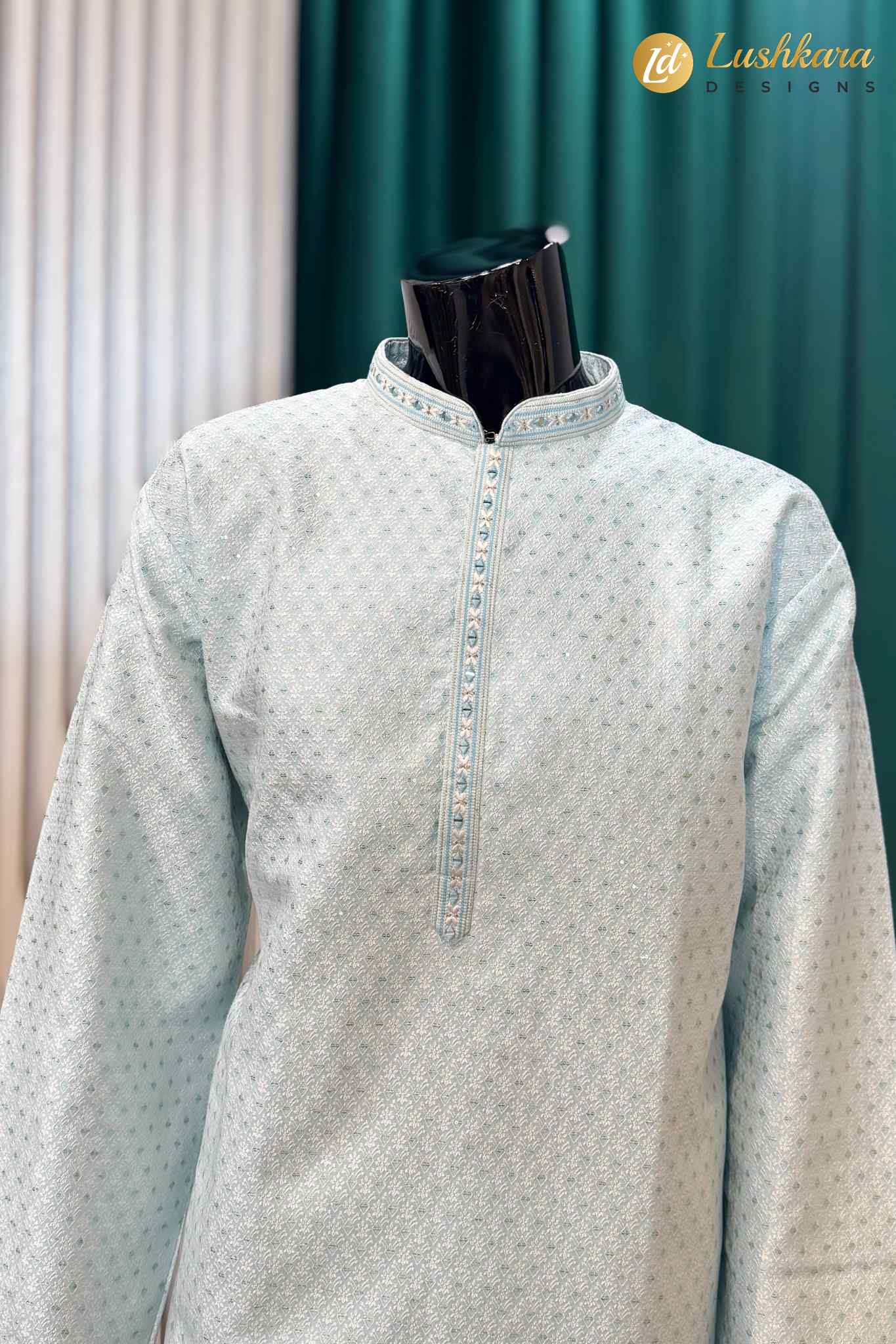Light Mint Blue Jacquard Kurta Pajama Set for Men