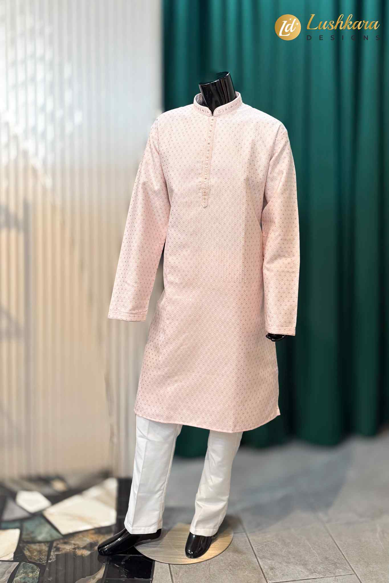 Light Mint Blue Jacquard Kurta Pajama Set for Men