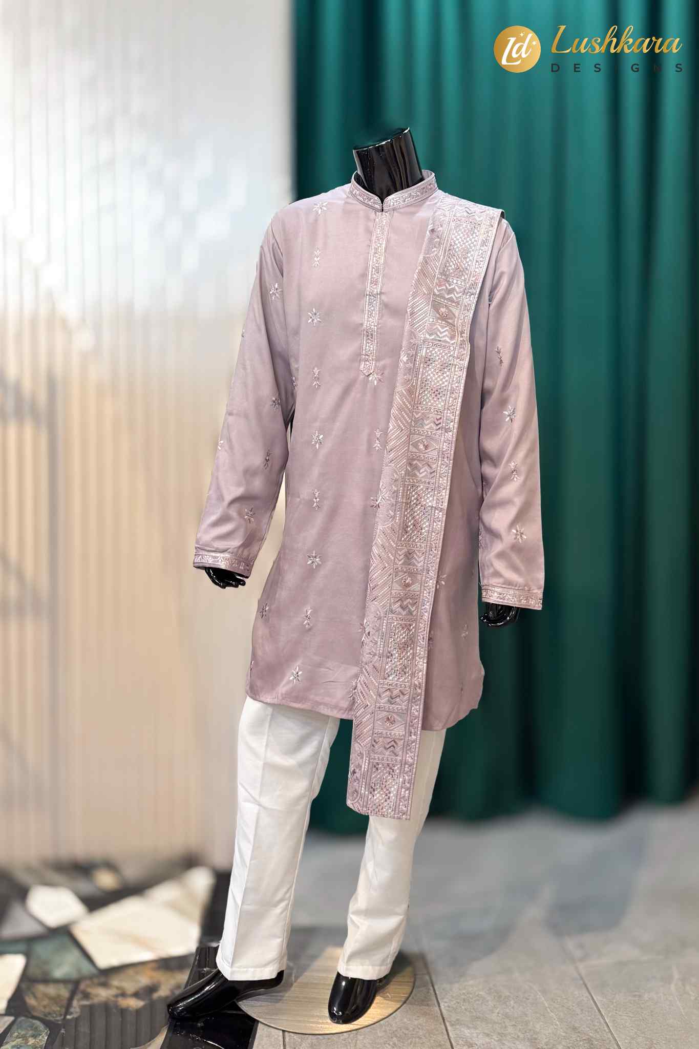 Dusty Mauve Embroidered Kurta Pajama Set With Dupatta