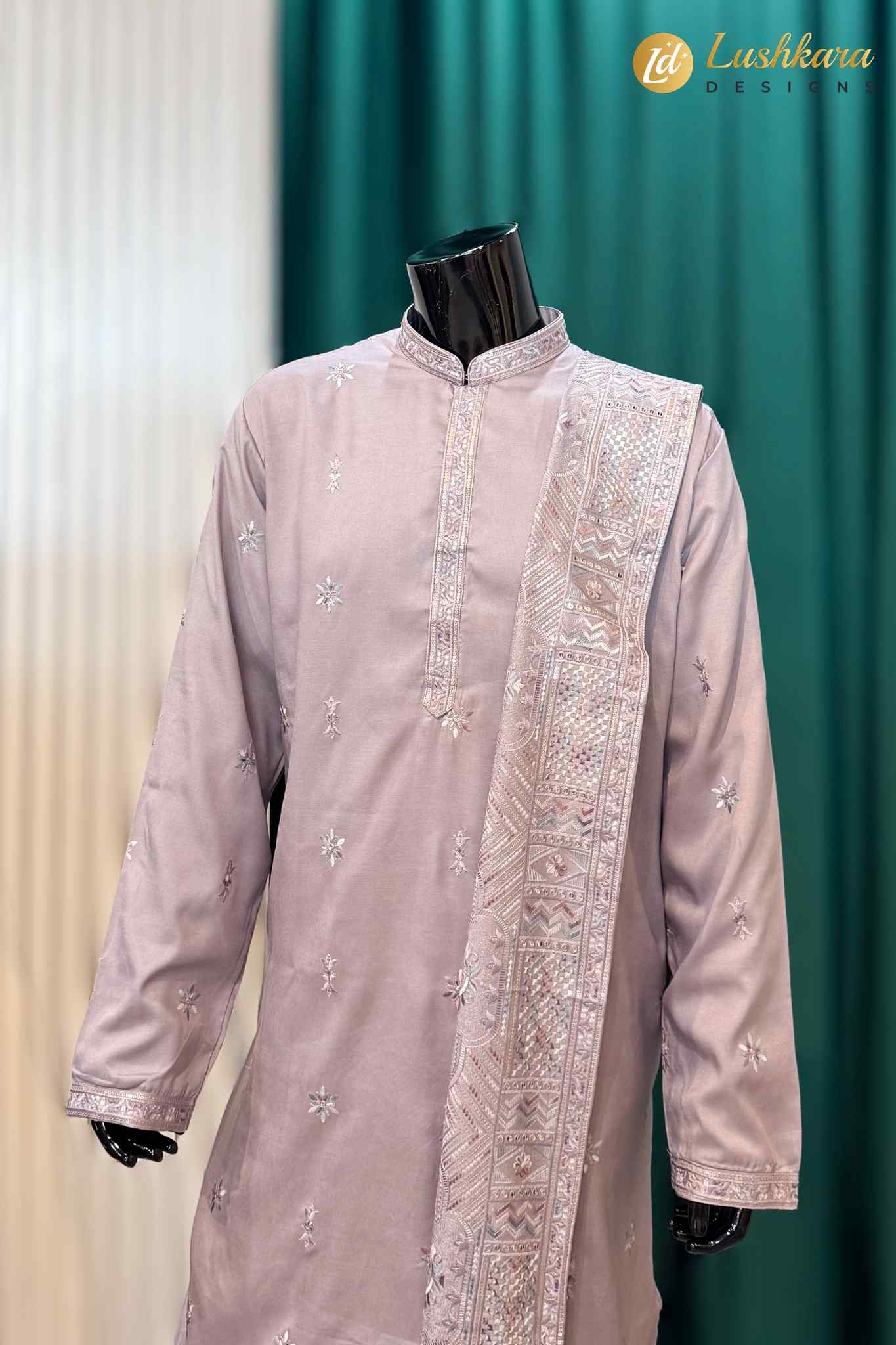 Dusty Mauve Embroidered Kurta Pajama Set With Dupatta