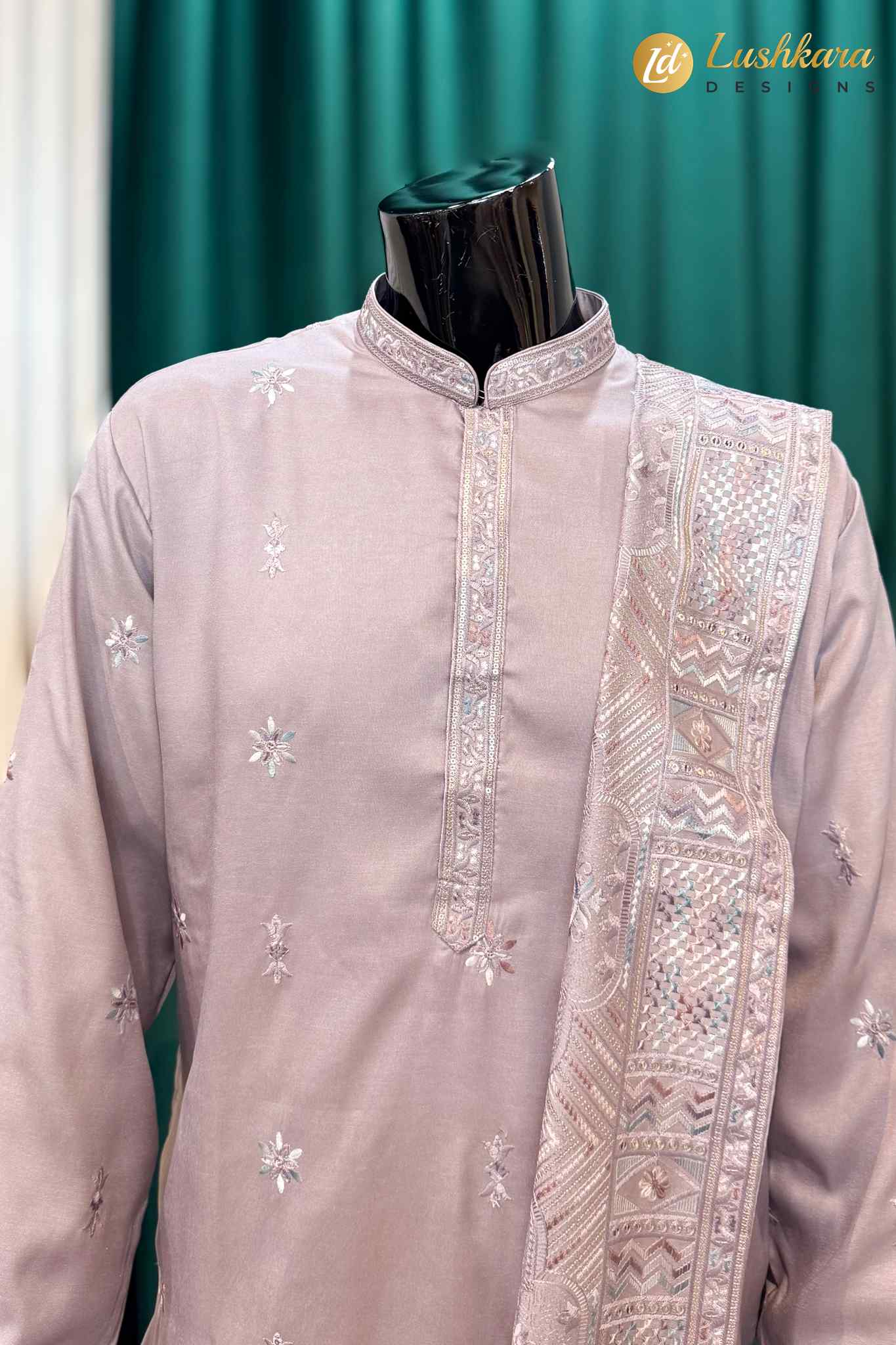 Dusty Mauve Embroidered Kurta Pajama Set With Dupatta