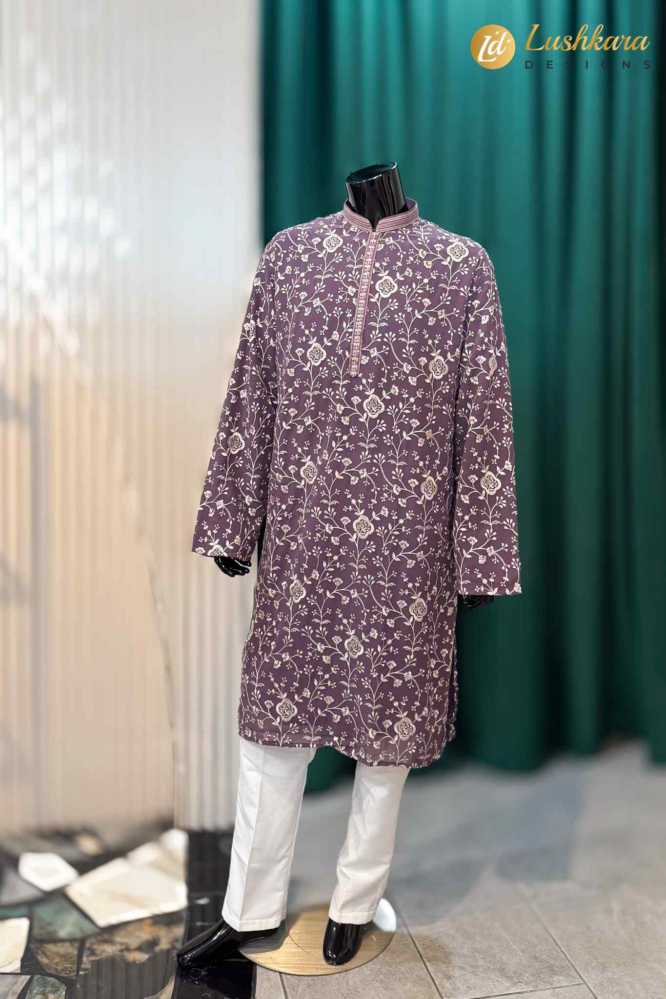 Dusty Purple Floral Kurta Pajama Set for Men