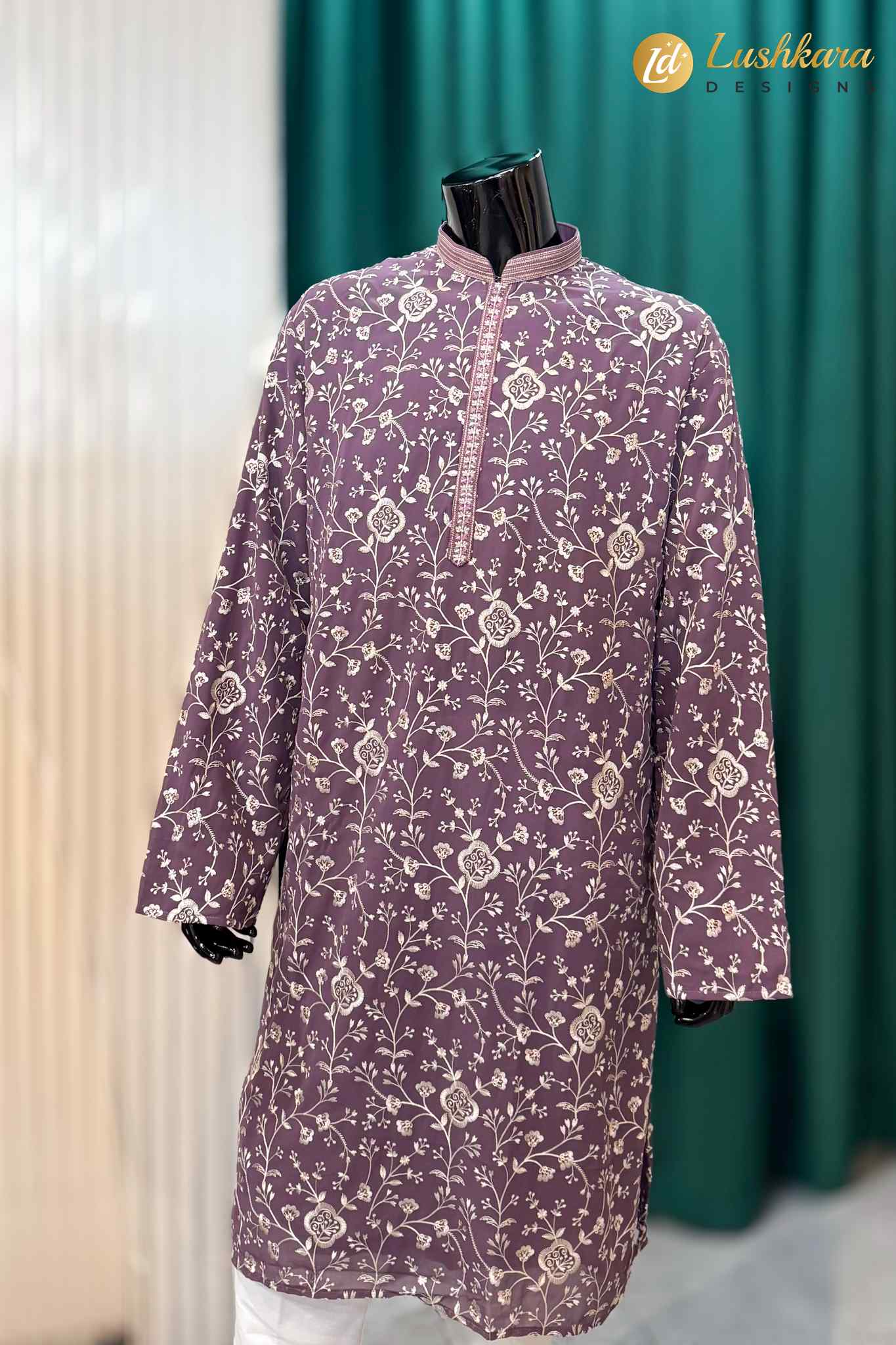Dusty Purple Floral Kurta Pajama Set for Men