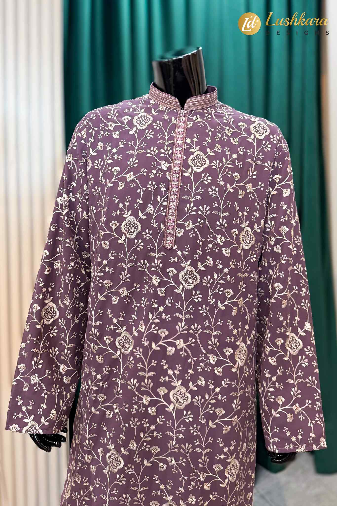 Dusty Purple Floral Kurta Pajama Set for Men
