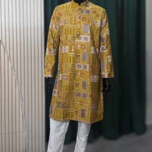 Mustard Olive Patchwork Kurta Pajama Set for Men