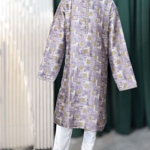 Lavender Grey Geometric Jacquard Kurta Pajama Set for Men