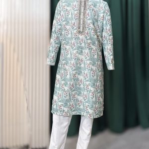 Mint Green Floral Printed Kurta Pajama Set for Men
