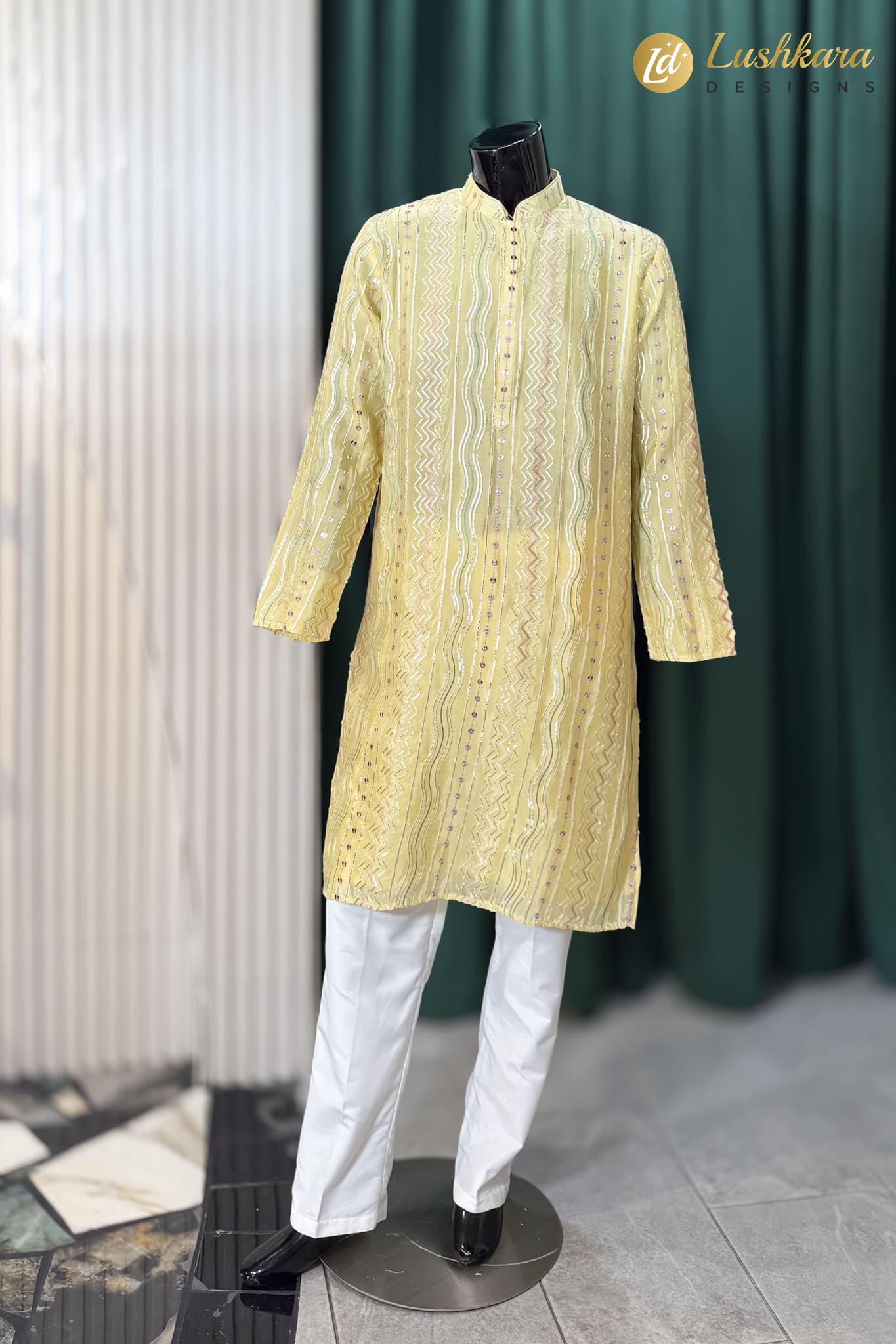Light Yellow Embroidered Kurta Pajama Set for Men