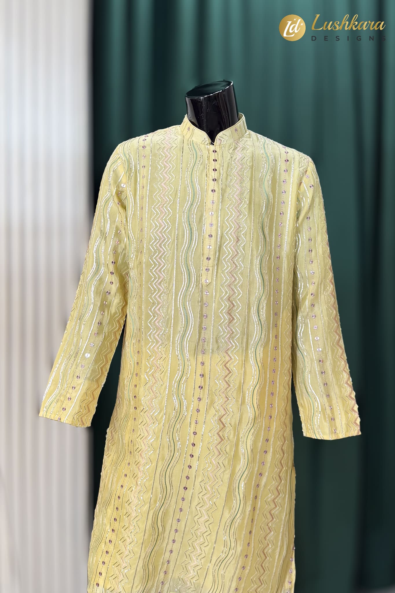 Light Yellow Embroidered Kurta Pajama Set for Men - Image 2