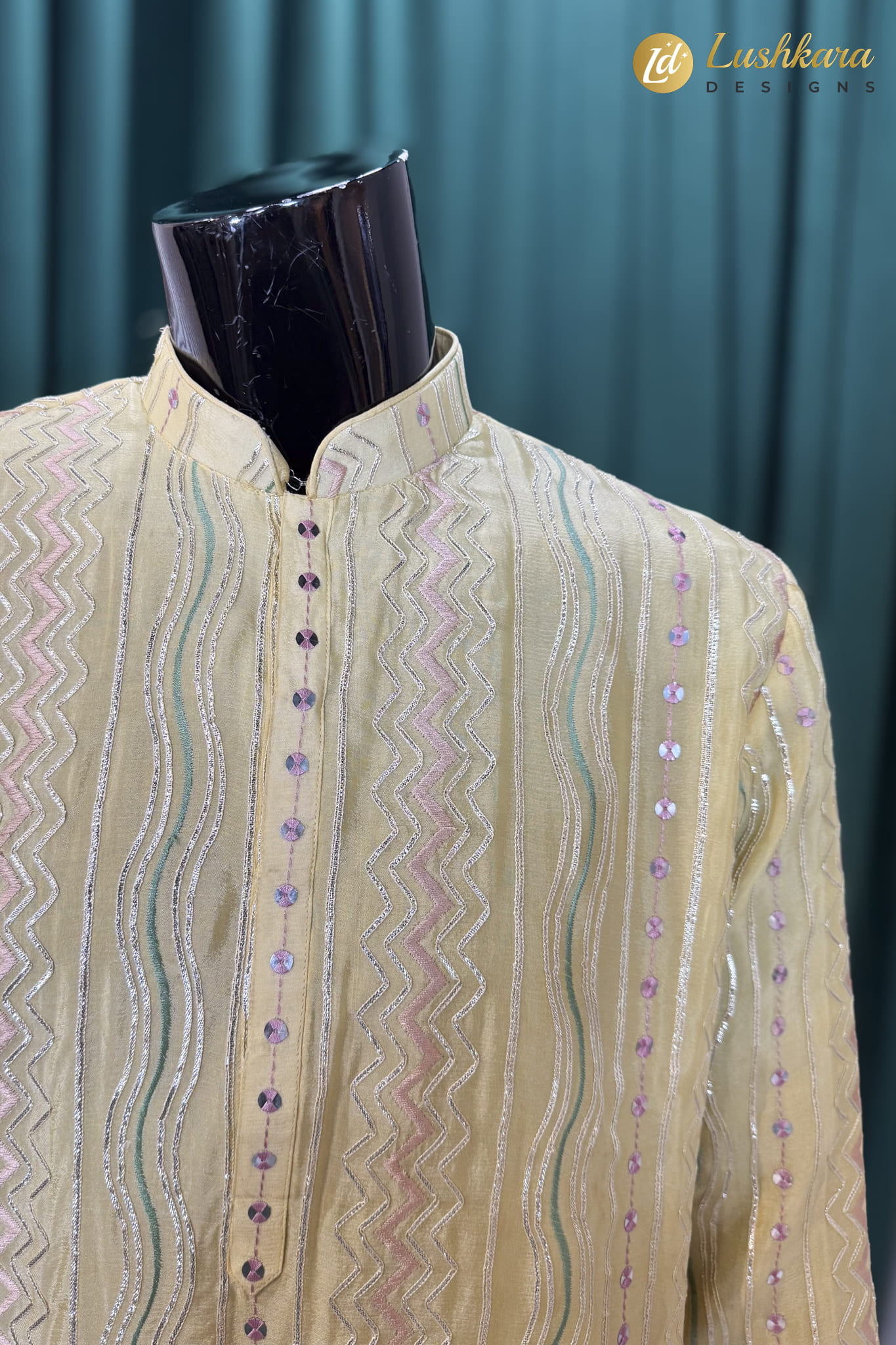 Light Yellow Embroidered Kurta Pajama Set for Men - Image 3