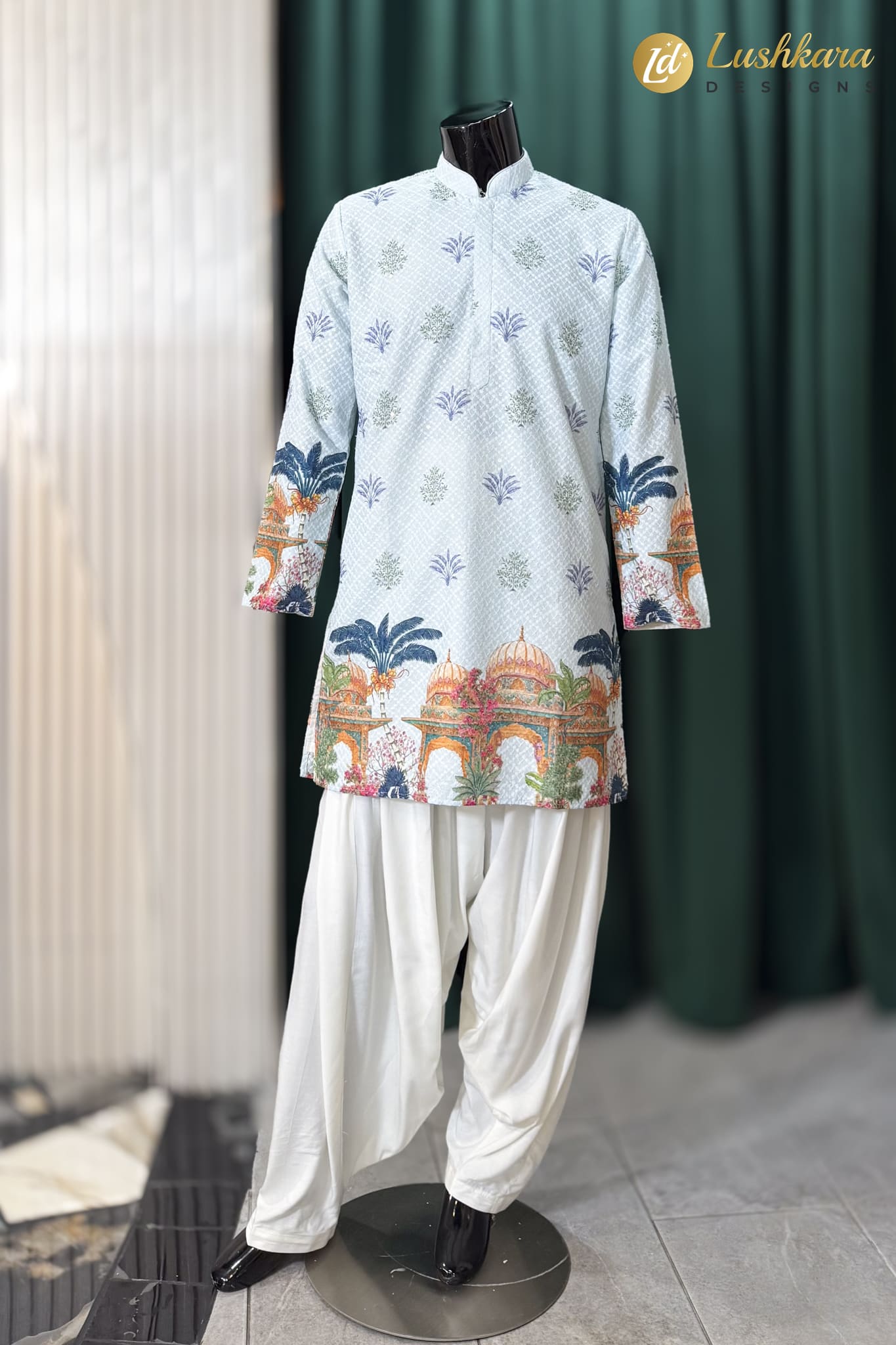 Light Blue Printed Kurta Dhoti Set for Men