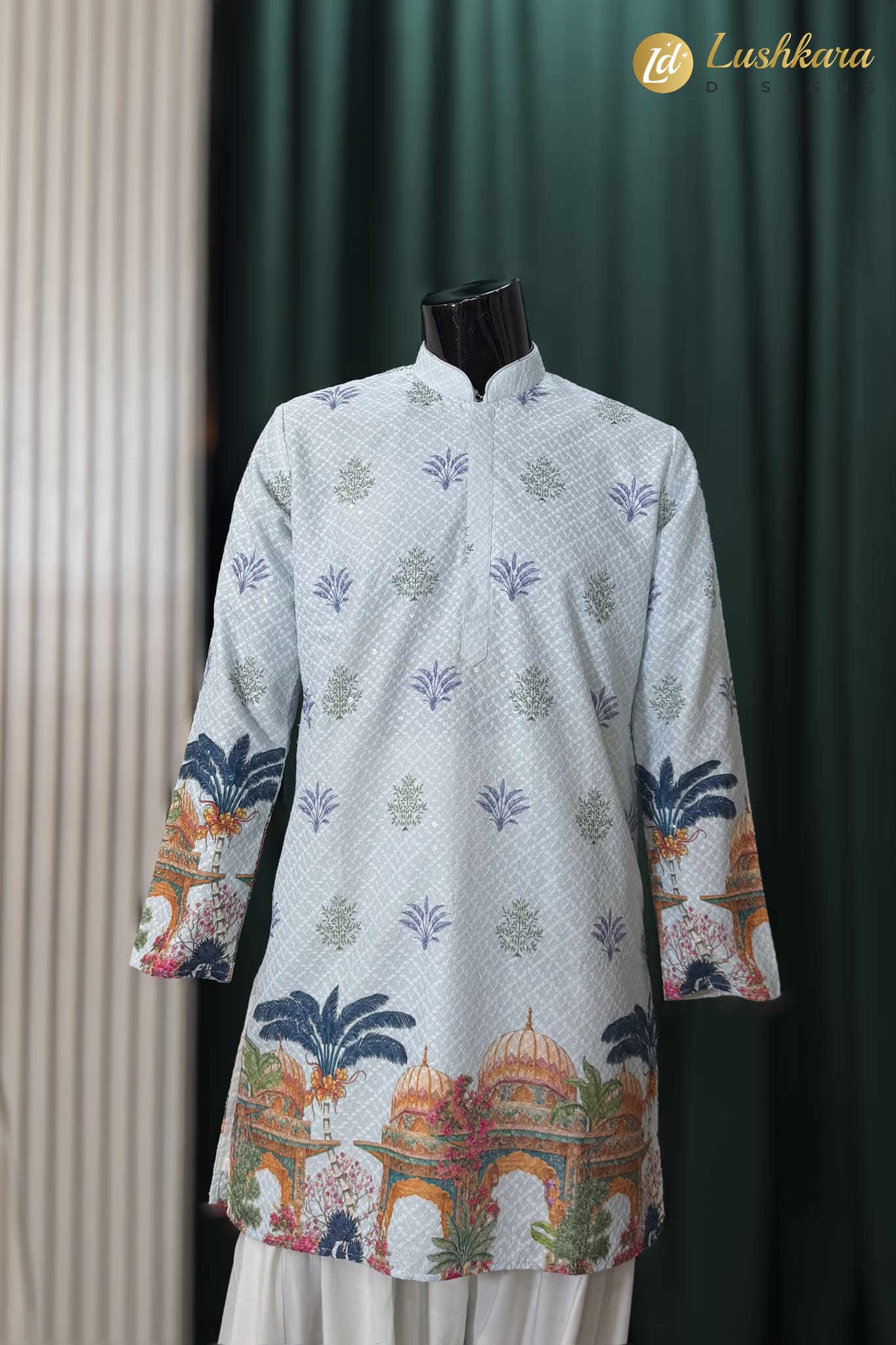 Light Blue Printed Kurta Dhoti Set for Men - Image 2