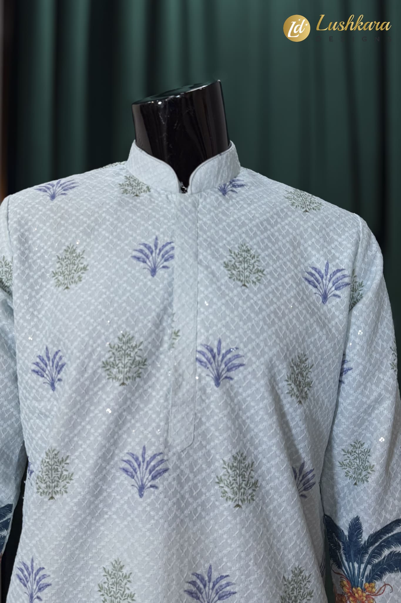 Light Blue Printed Kurta Dhoti Set for Men - Image 3