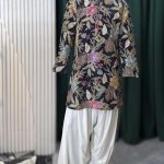 Black Floral Printed Kurta Dhoti Set for Men