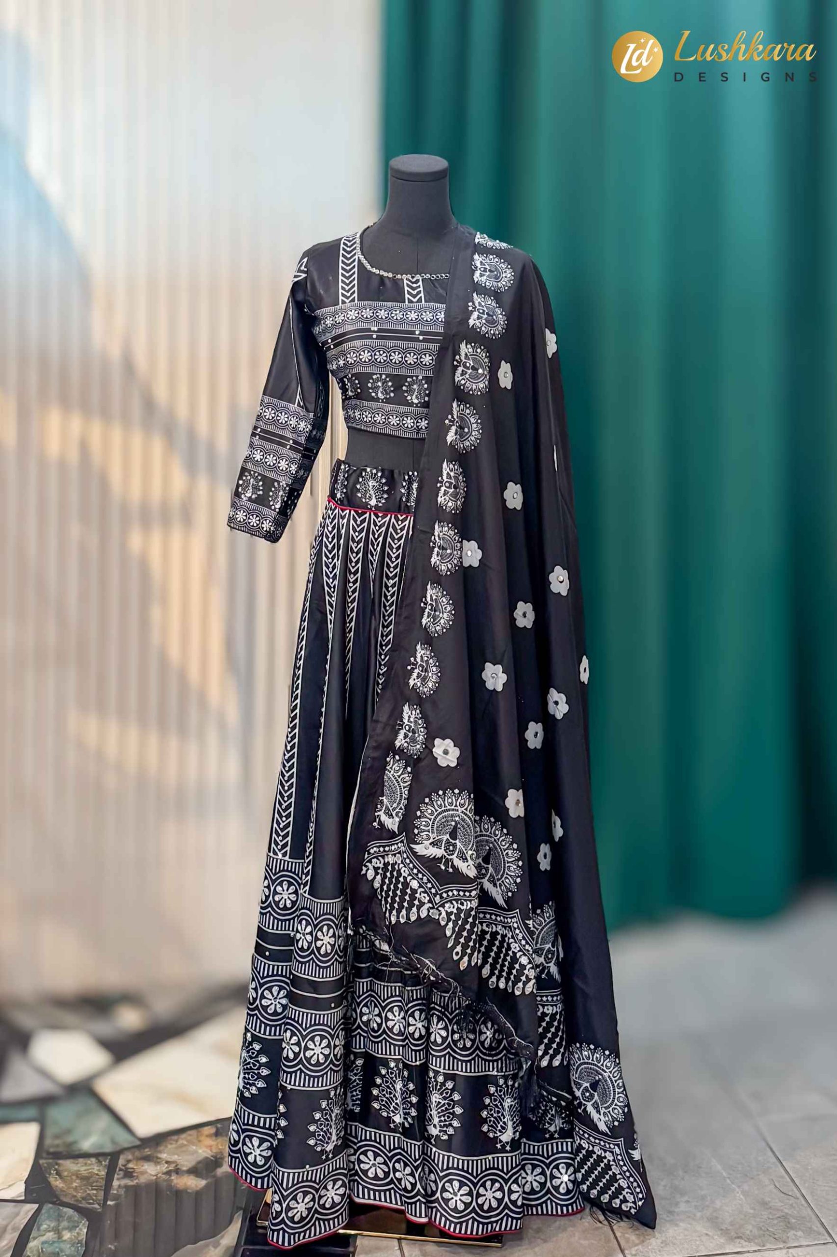 Navy Blue Ajrakh Printed Lehenga Set with Blouse and Dupatta