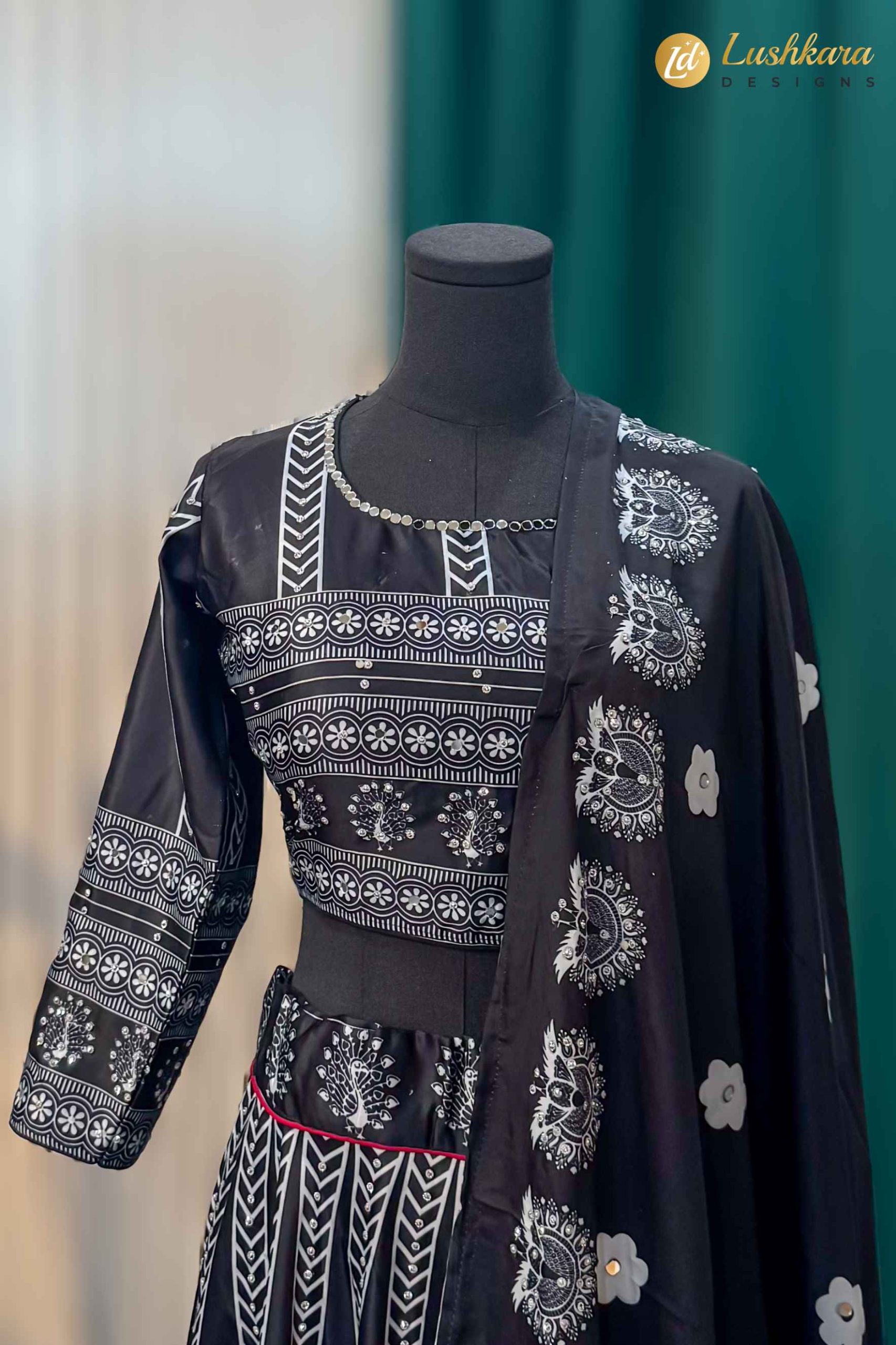 Navy Blue Ajrakh Printed Lehenga Set with Blouse and Dupatta
